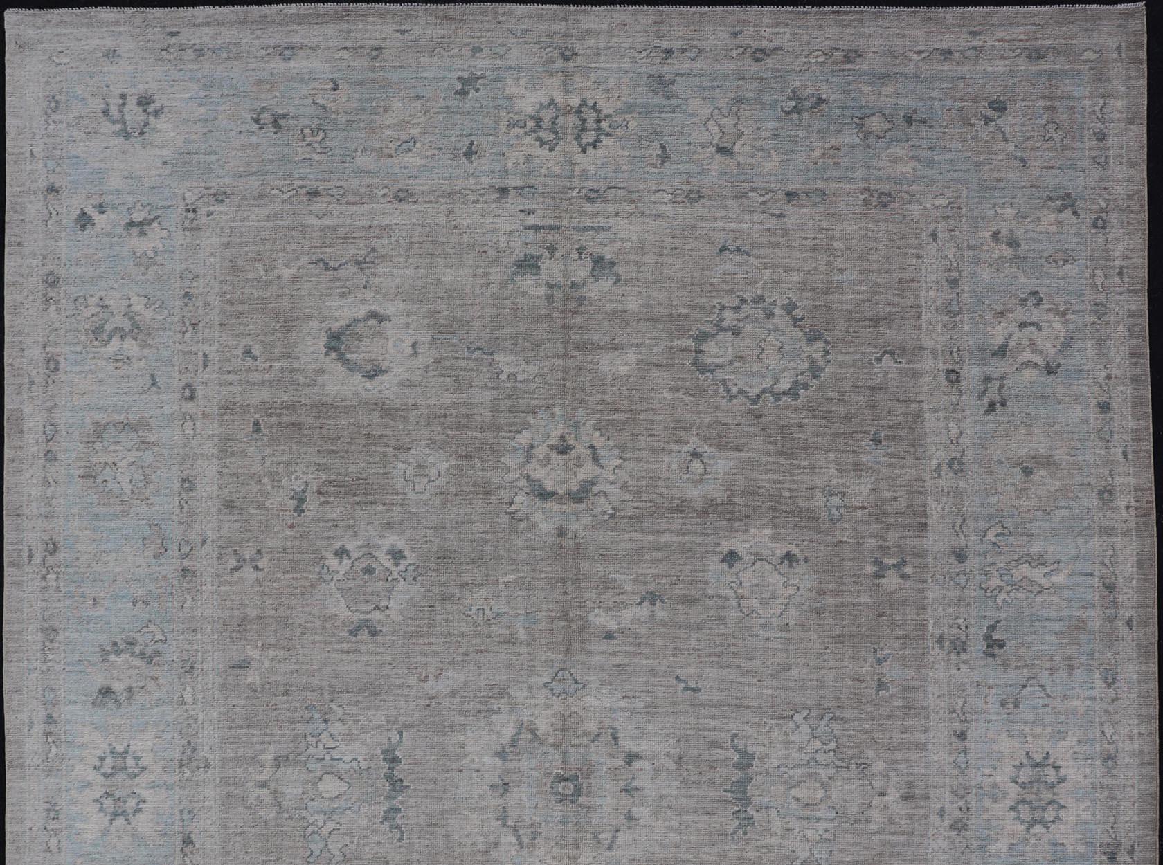 Contemporary Large Modern Oushak with Floral Motifs in Wheat, Mushroom, Grey & Light Blue