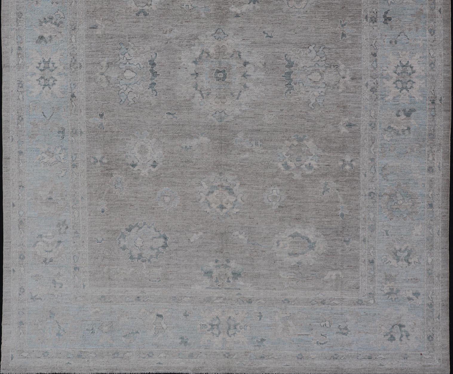 Large Modern Oushak with Floral Motifs in Wheat, Mushroom, Grey & Light Blue 1