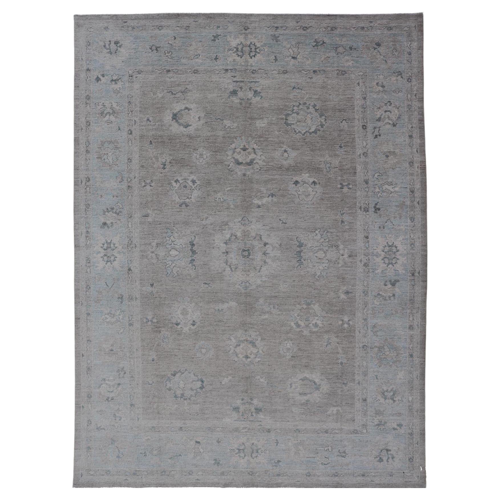 Large Modern Oushak with Floral Motifs in Wheat, Mushroom, Grey & Light Blue