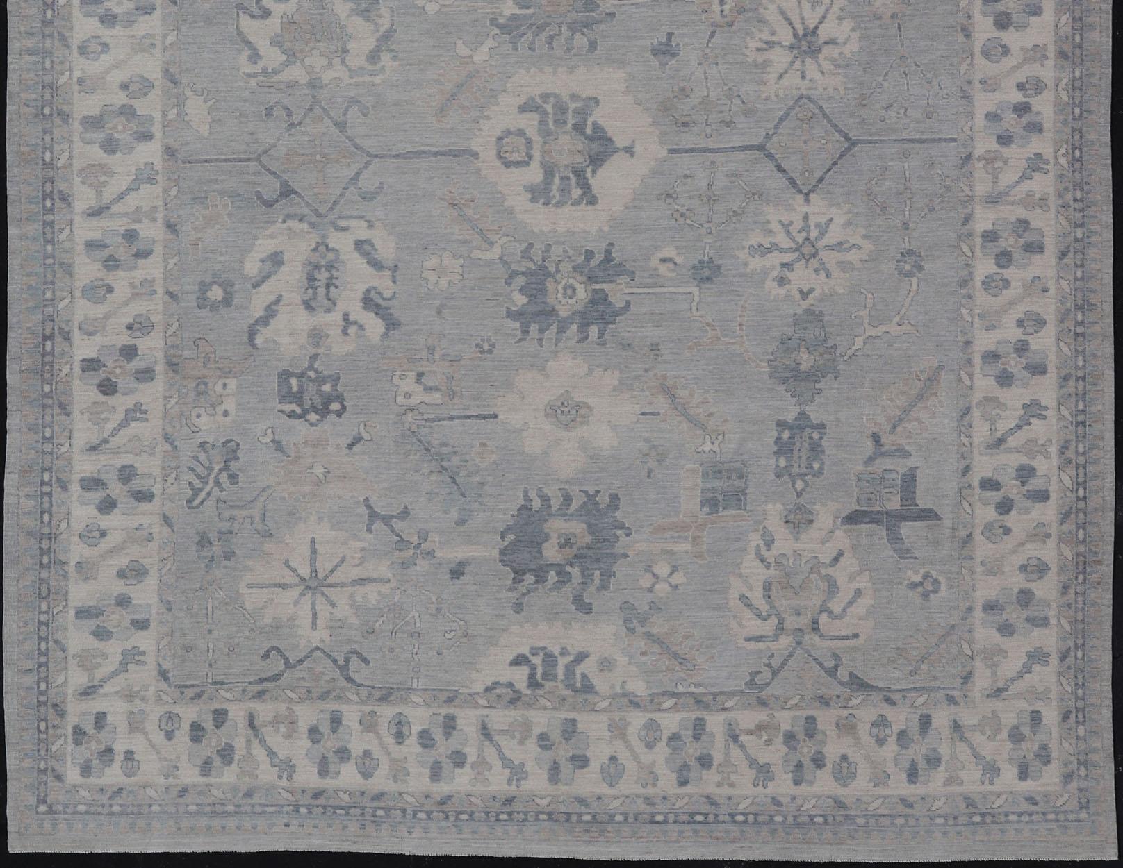 Large Modern Oushak with Floral Motifs with Cream, Grey, Blue, and Powder Blue For Sale 3