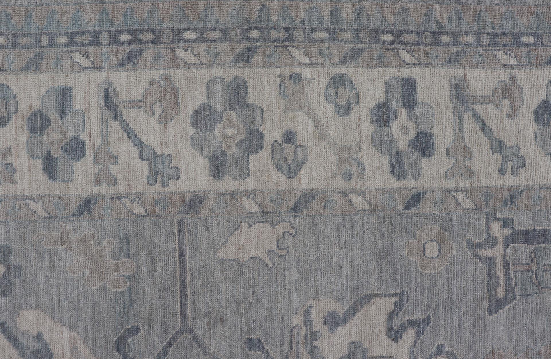 Hand-Knotted Large Modern Oushak with Floral Motifs with Cream, Grey, Blue, and Powder Blue For Sale