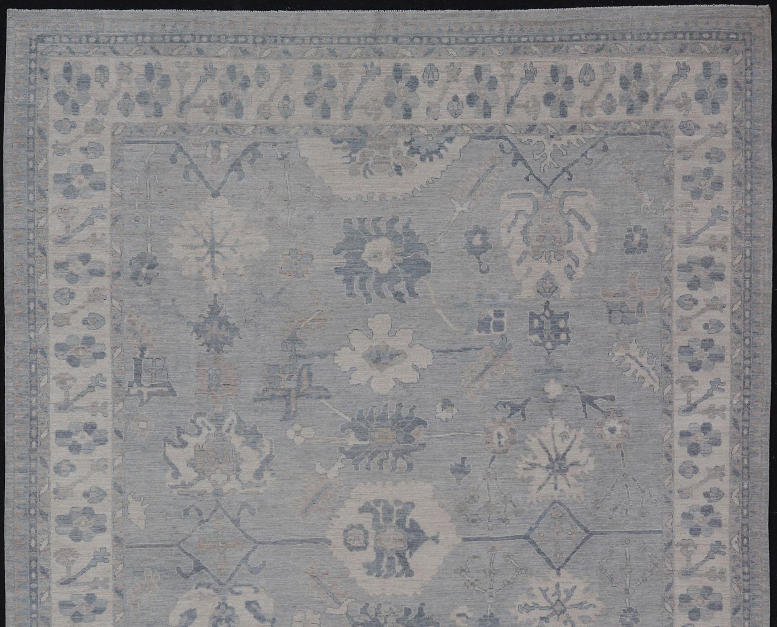 Large Modern Oushak with Floral Motifs with Cream, Grey, Blue, and Powder Blue For Sale 1