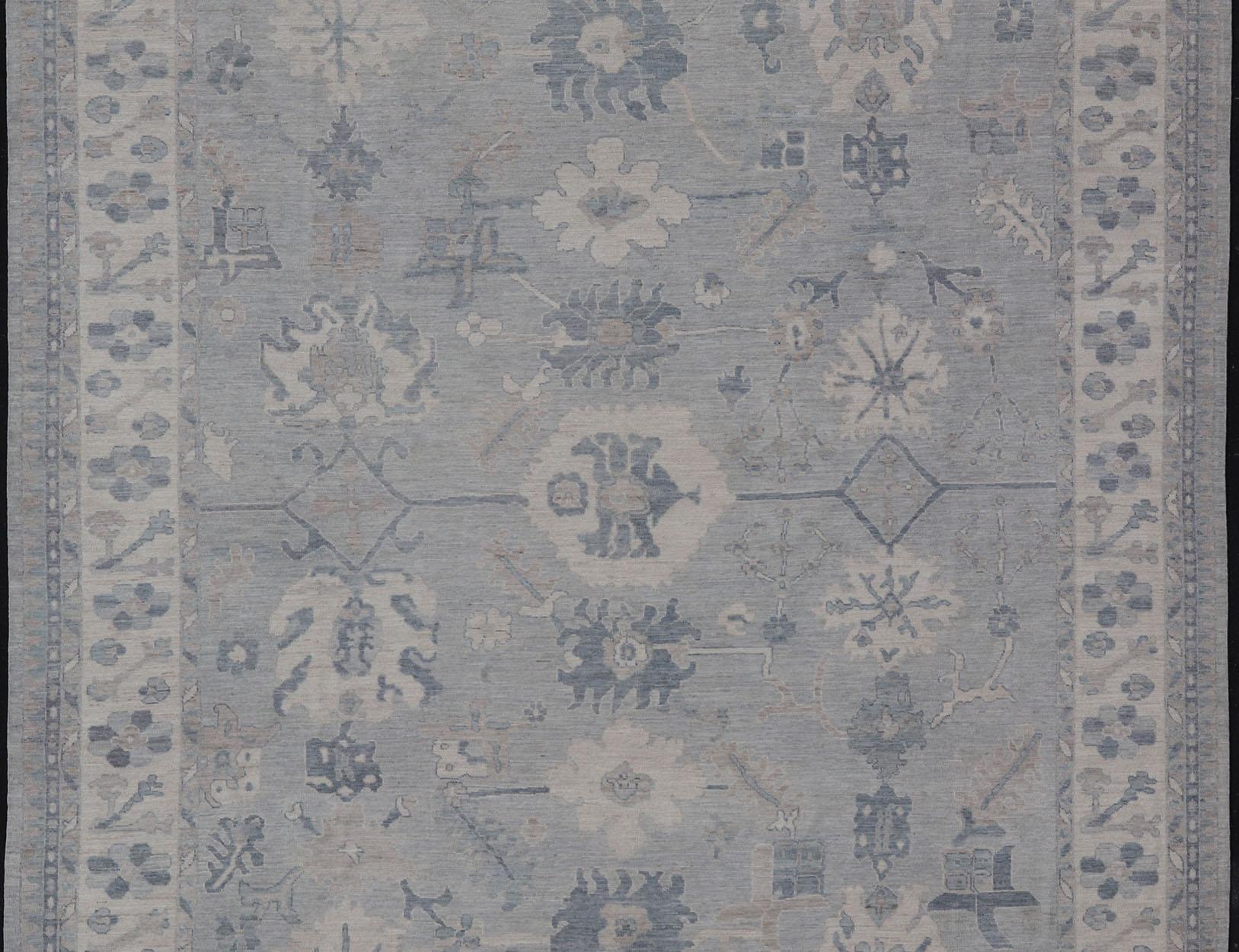 Large Modern Oushak with Floral Motifs with Cream, Grey, Blue, and Powder Blue For Sale 2