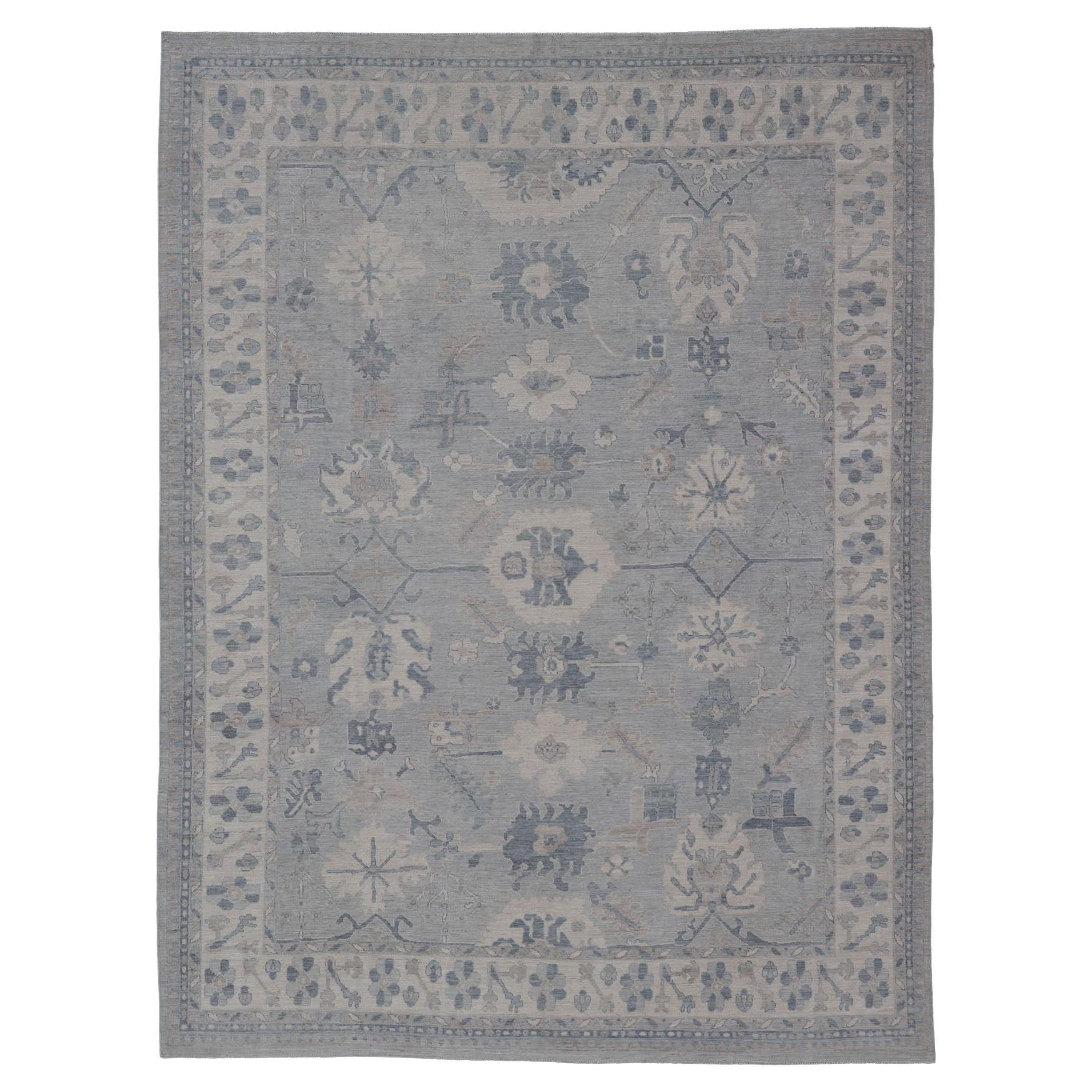 Large Modern Oushak with Floral Motifs with Cream, Grey, Blue, and Powder Blue