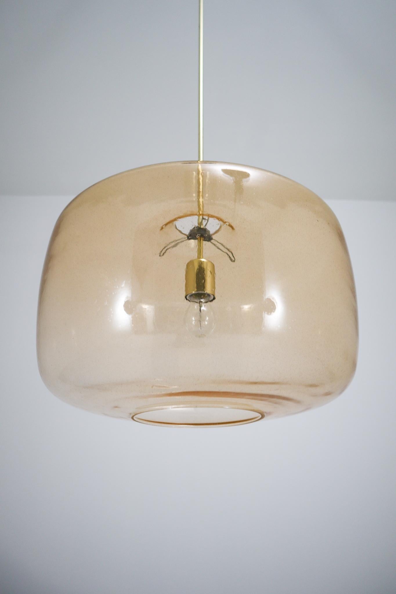 European Large Modern Pendants in Amber Hand Blown Colored Glass and Brass, Europe, 1970s