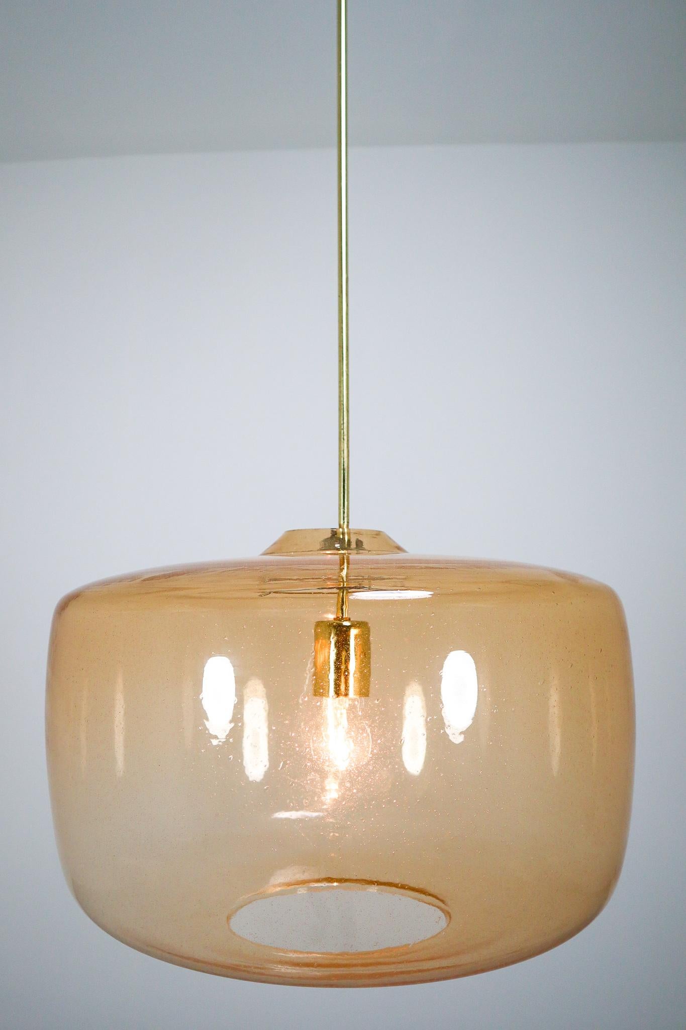 Large Modern Pendants in Amber Hand Blown Colored Glass and Brass, Europe, 1970s In Good Condition In Almelo, NL