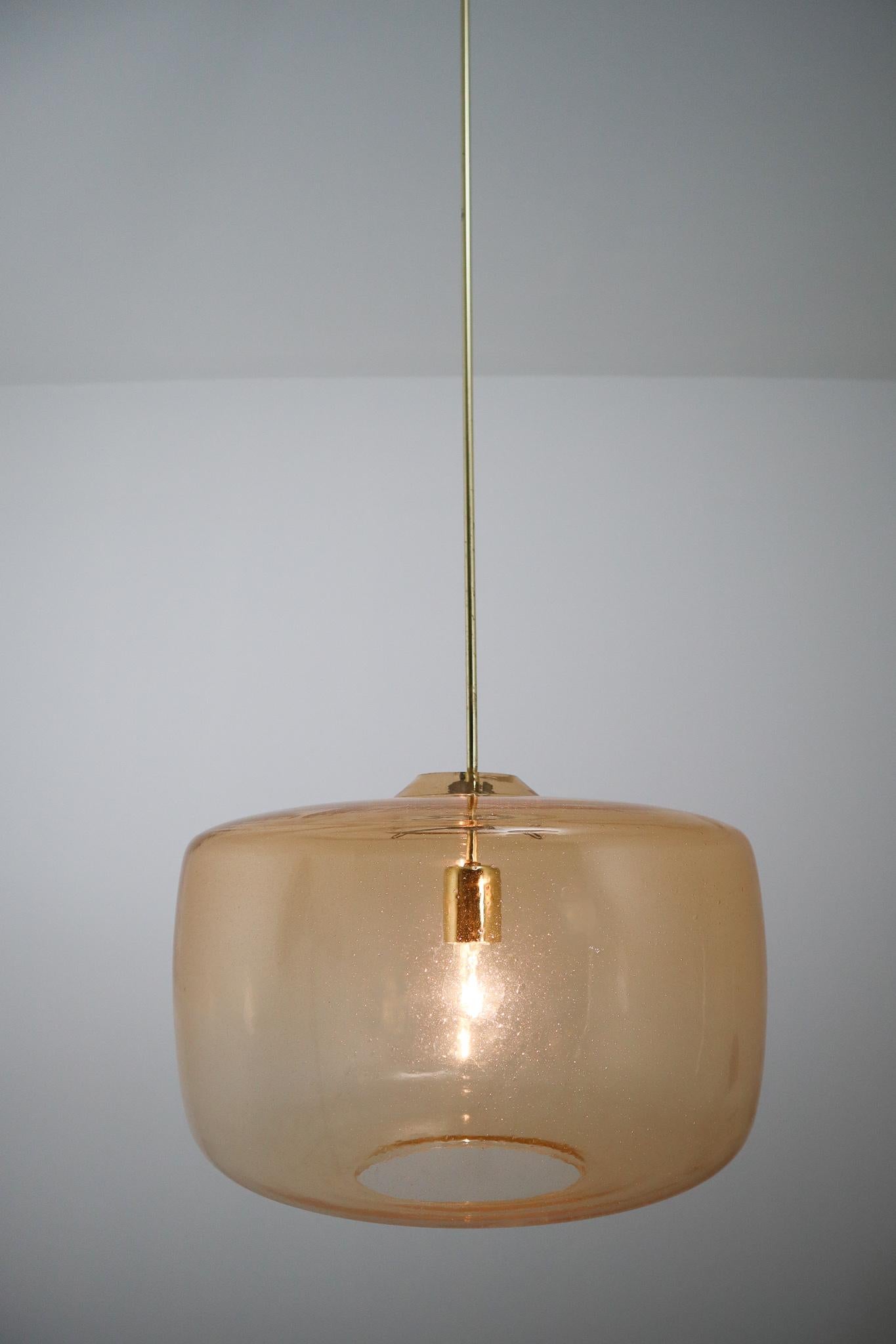 20th Century Large Modern Pendants in Amber Hand Blown Colored Glass and Brass, Europe, 1970s