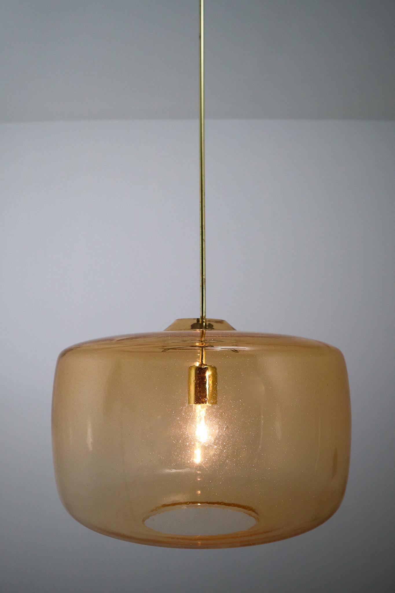 Large Modern Pendants in Amber Hand Blown Colored Glass and Brass, Europe, 1970s 1