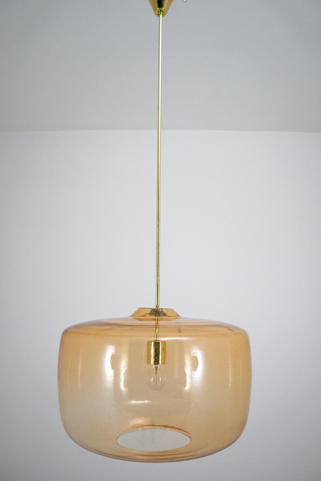 Large Modern Pendants in Amber Hand Blown Colored Glass and Brass, Europe, 1970s 3
