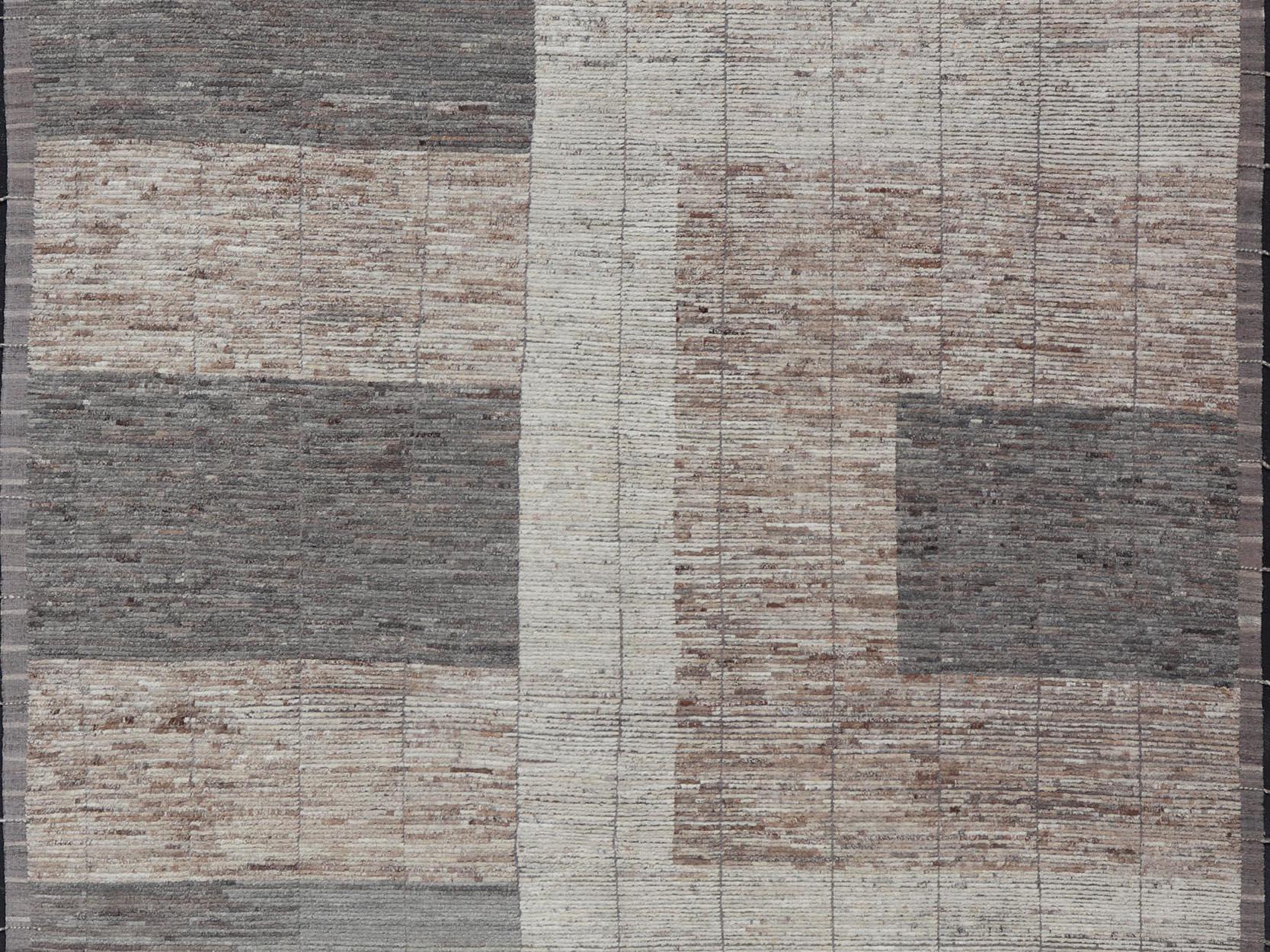 Wool Large Modern Rug in Earth Tones with Square Size and Distressed Texture For Sale