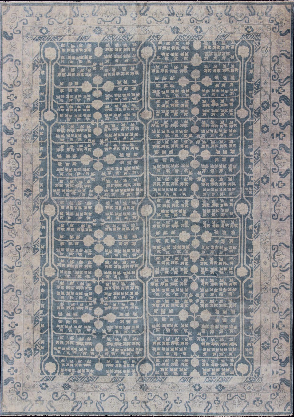Large Modern Rug, Khotan Design Rug with pomegranate Pattern in Blue, Tan & Tau