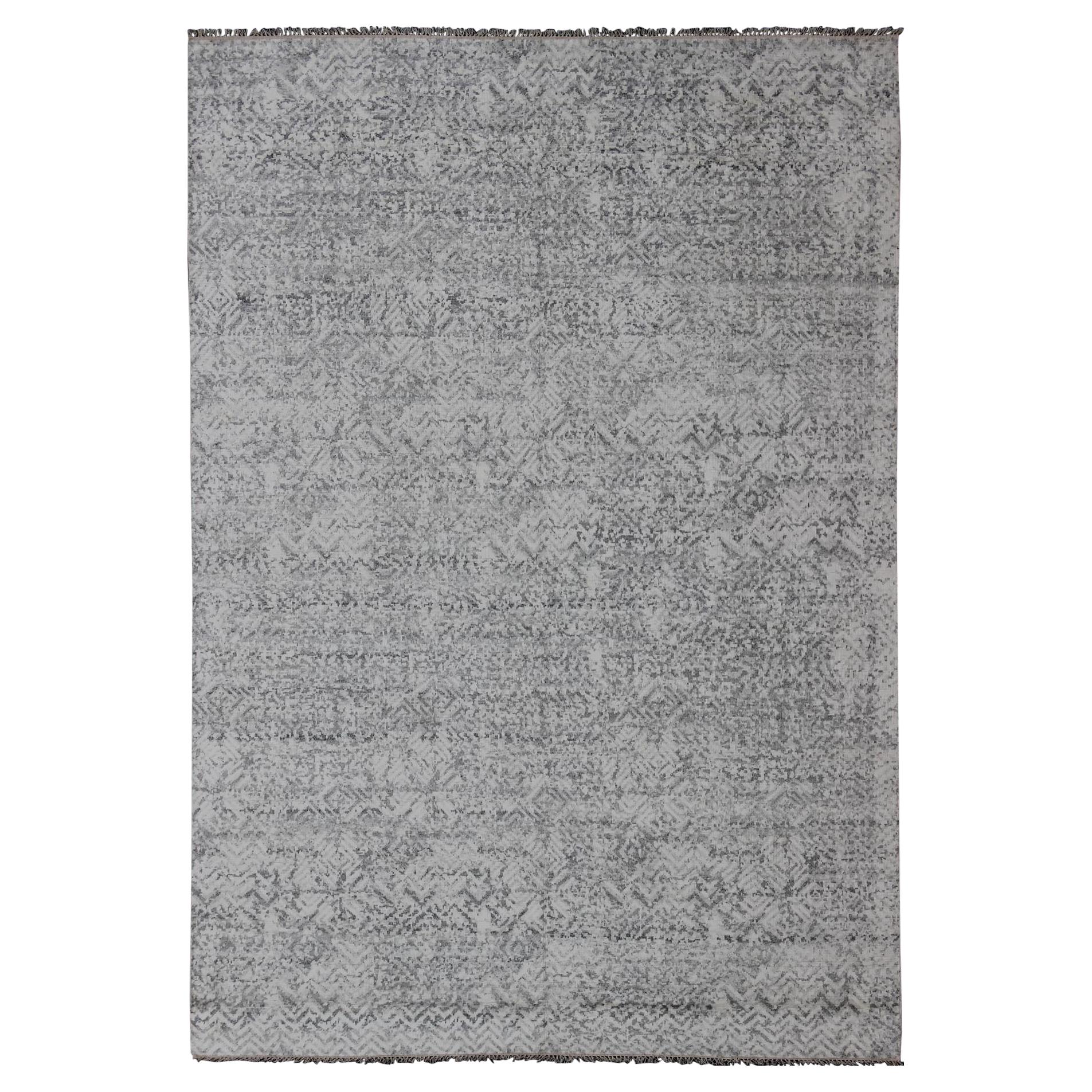 Grand tapis moderne à motif minimaliste sur toute sa surface en Lt. Ancien fusain, gris, argent