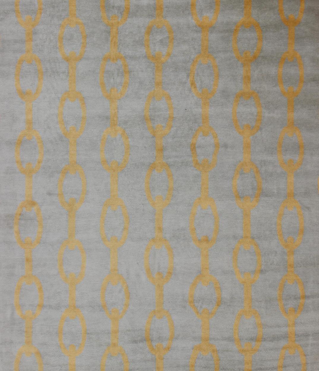 Hand-Knotted Large Modern Rug With Chain Design in Gray and Marigold Colors For Sale