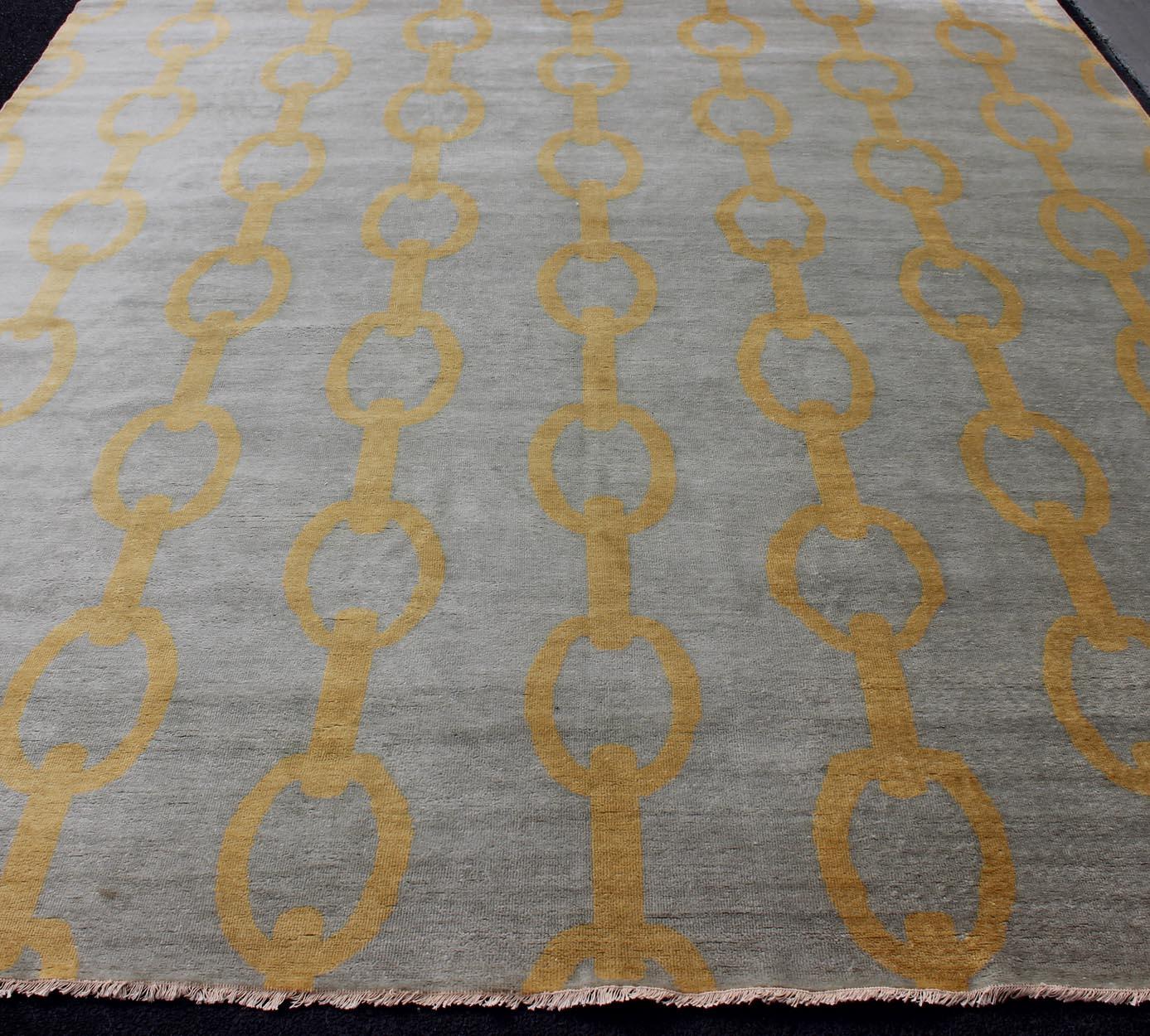 Contemporary Large Modern Rug With Chain Design in Gray and Marigold Colors For Sale