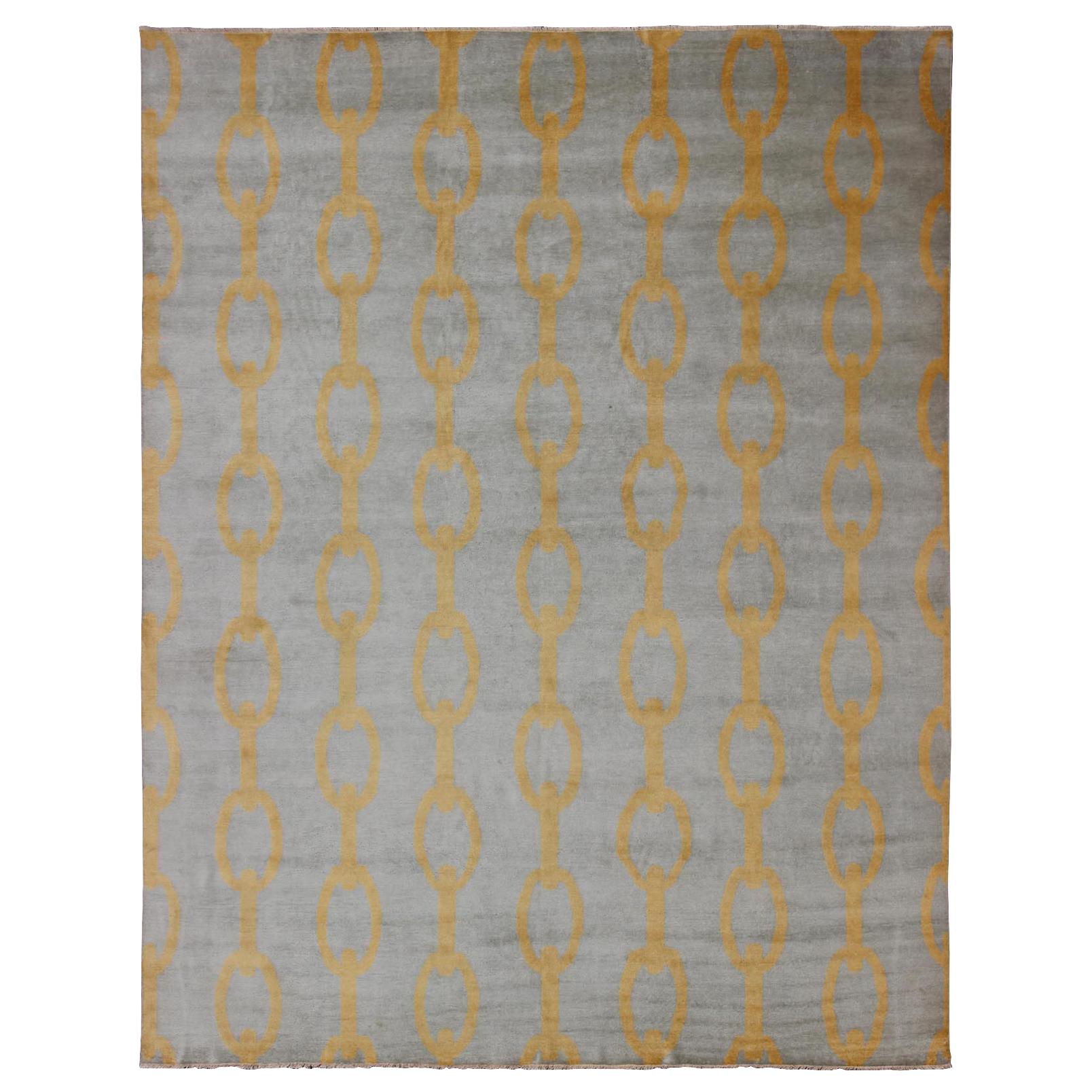 Large Modern Rug With Chain Design in Gray and Marigold Colors For Sale