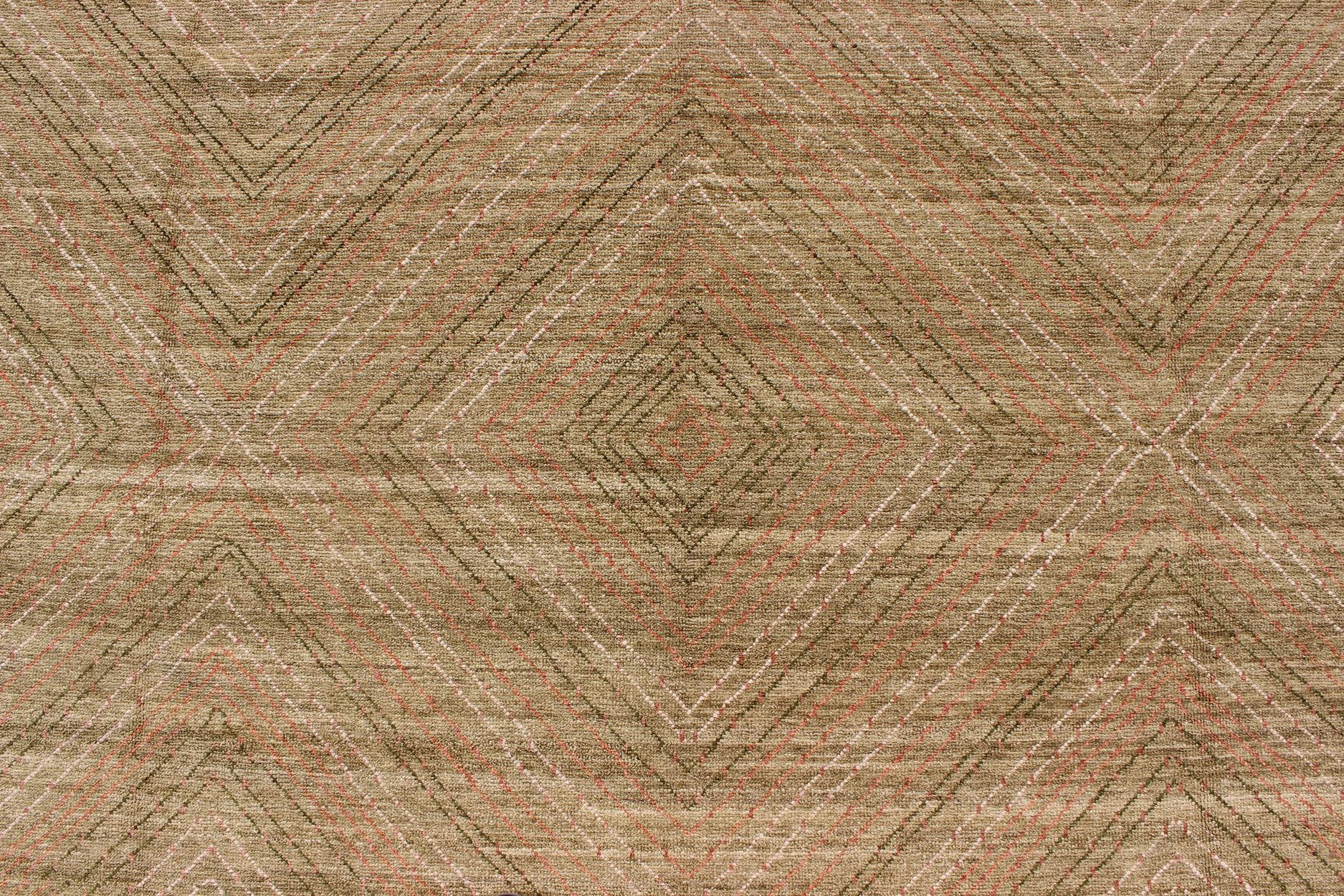 Hand-Knotted Large Modern Rug with Transitional Diamond Design in Green, Salmon, Ivory  For Sale