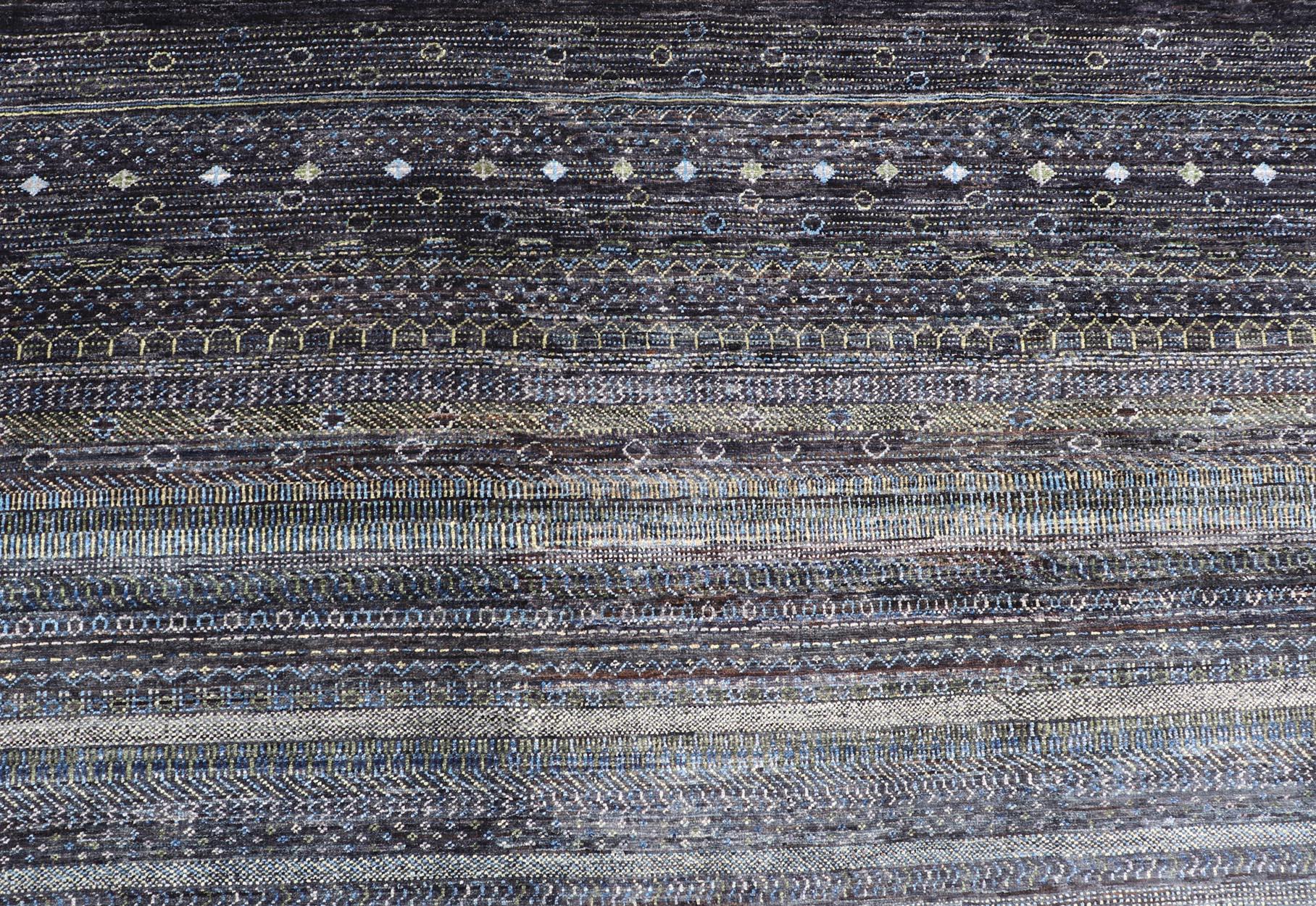 Hand-Knotted Large Modern Rug with Transitional Design in Shades of Black, Greens and Blue's  For Sale