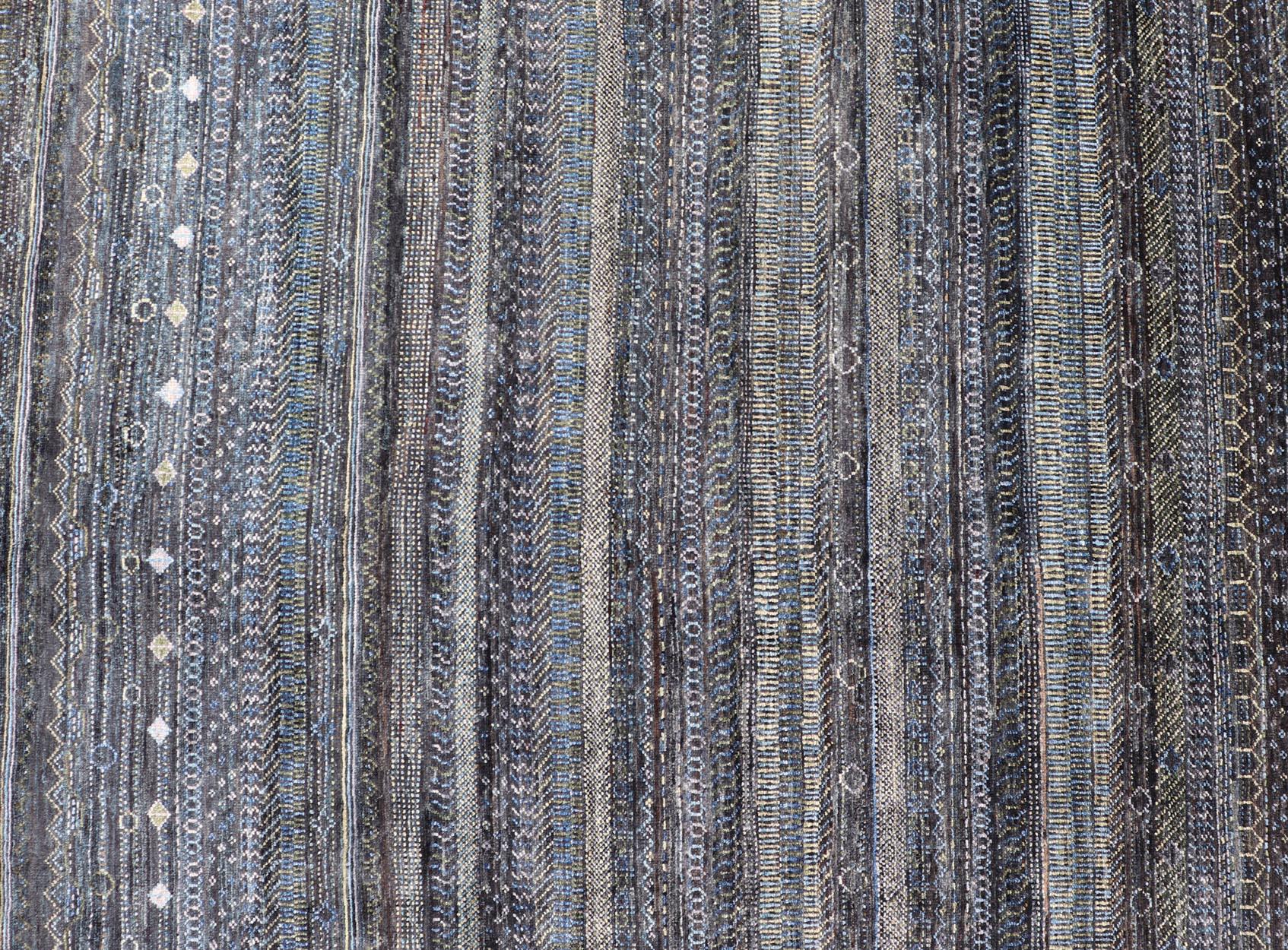 Wool Large Modern Rug with Transitional Design in Shades of Black, Greens and Blue's  For Sale