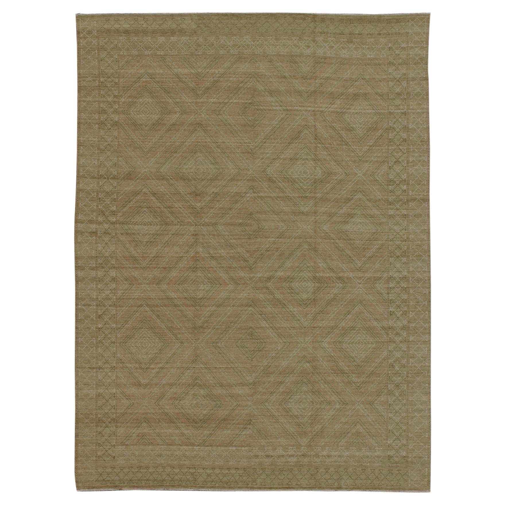 Grand tapis moderne avec motif transitionnel de diamant en vert, saumon et ivoire en vente