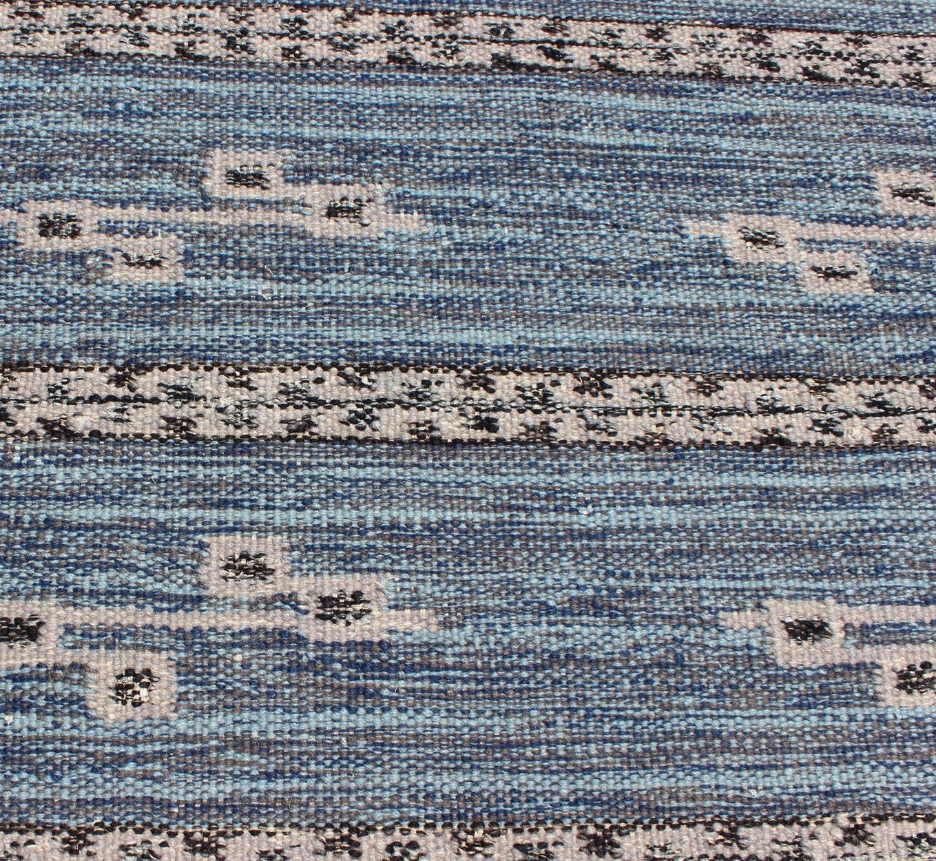 Wool Modern Scandinavian/Swedish Geometric Design Rug in Blue, Light Brown For Sale