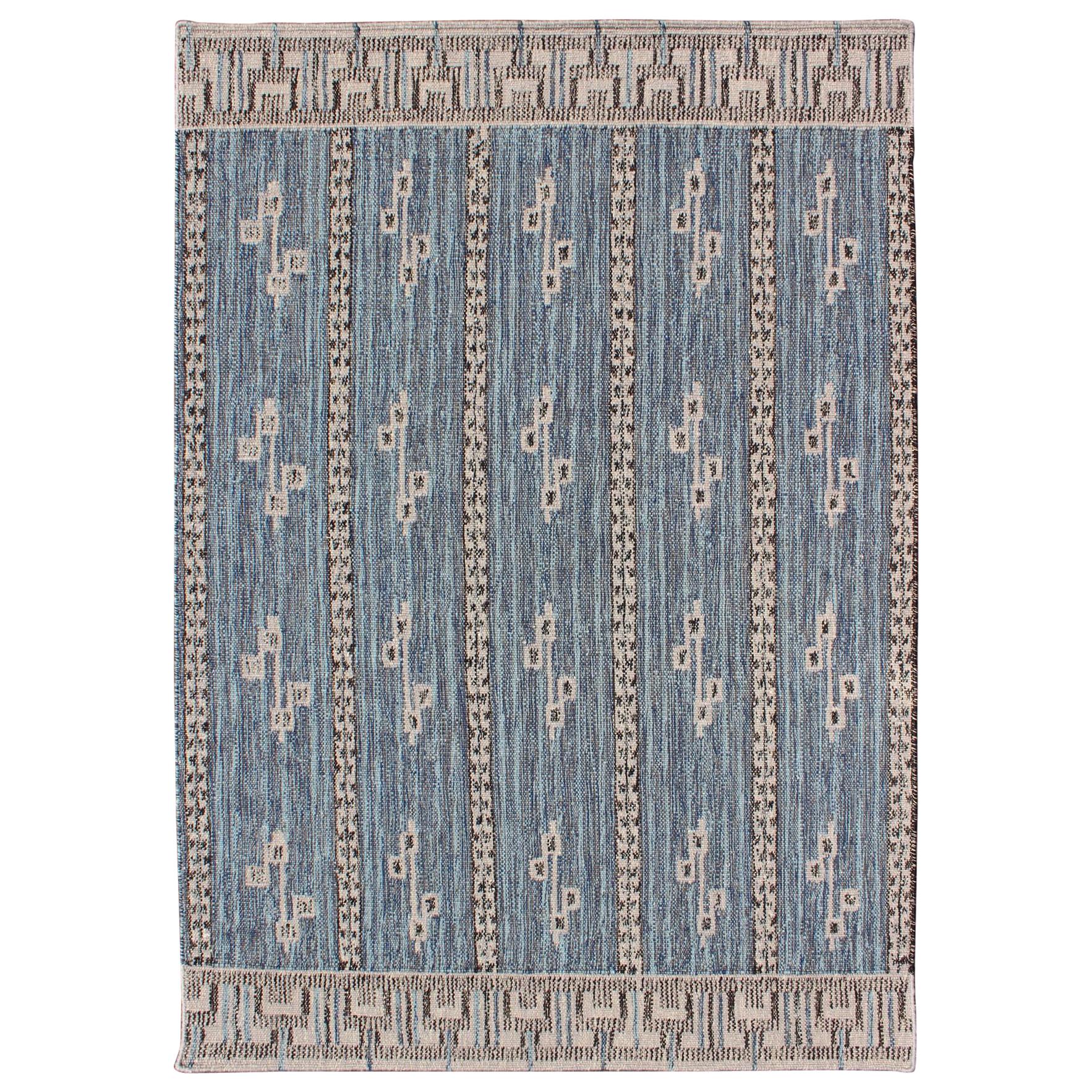 Modern Scandinavian/Swedish Geometric Design Rug in Blue, Light Brown For Sale