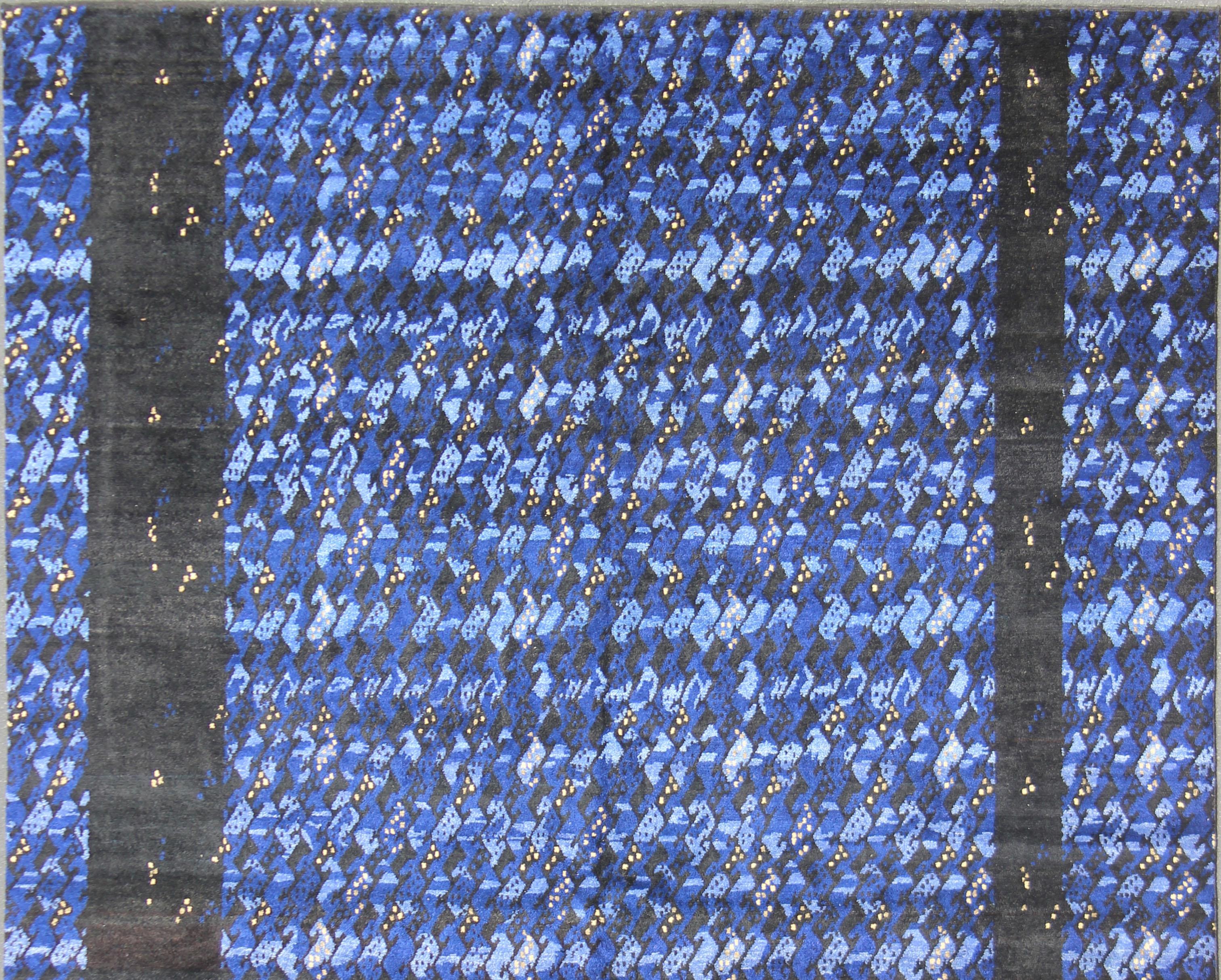 Midnight blue and other shades of blue Contemporary Scandinavian design large rug with soft wool, feels great to the feet, This predominantly mid night blue rug has a pop of night light in the color yellow color. rug RJK-19417-A2113A, country of