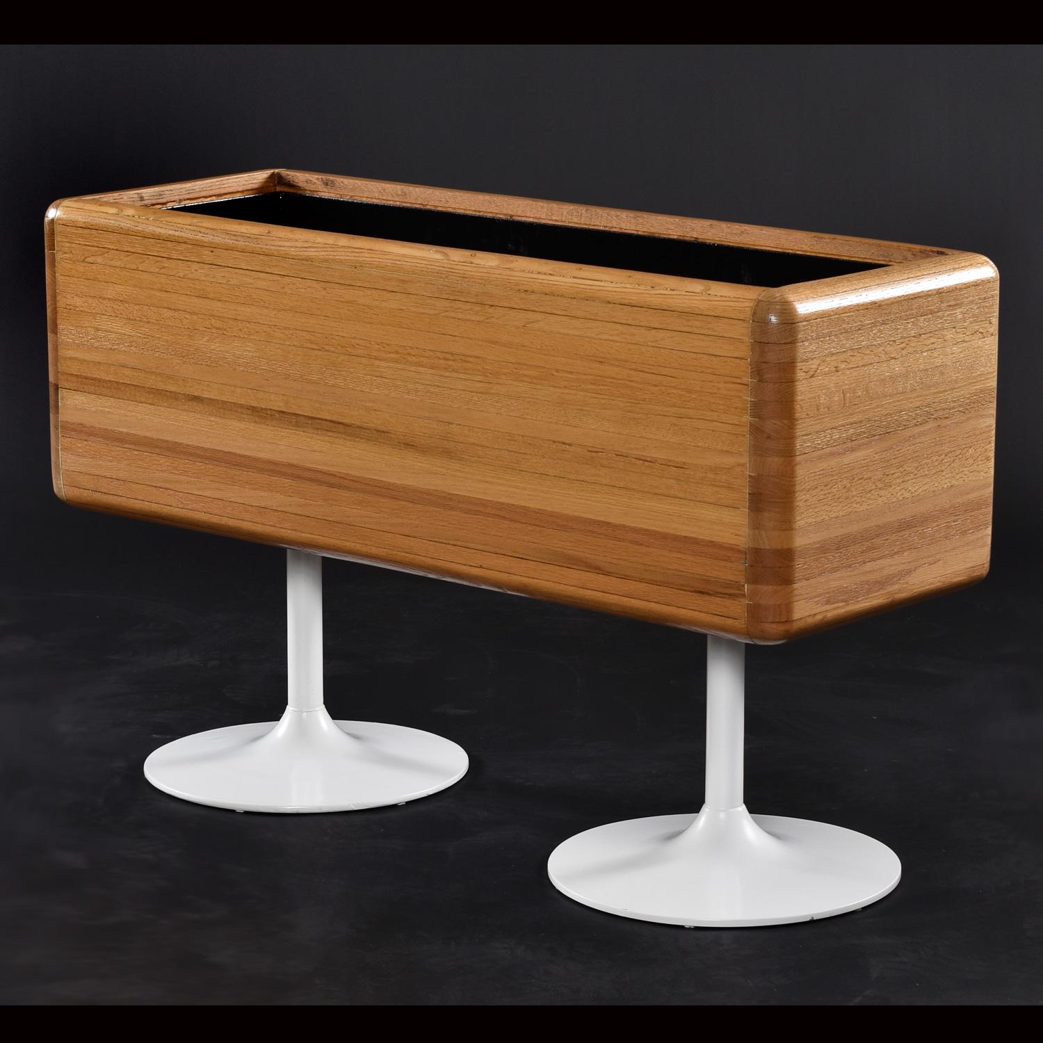 Late 20th Century Large Modern Solid Oak Planter on White Tulip Bases with Metal Insert For Sale