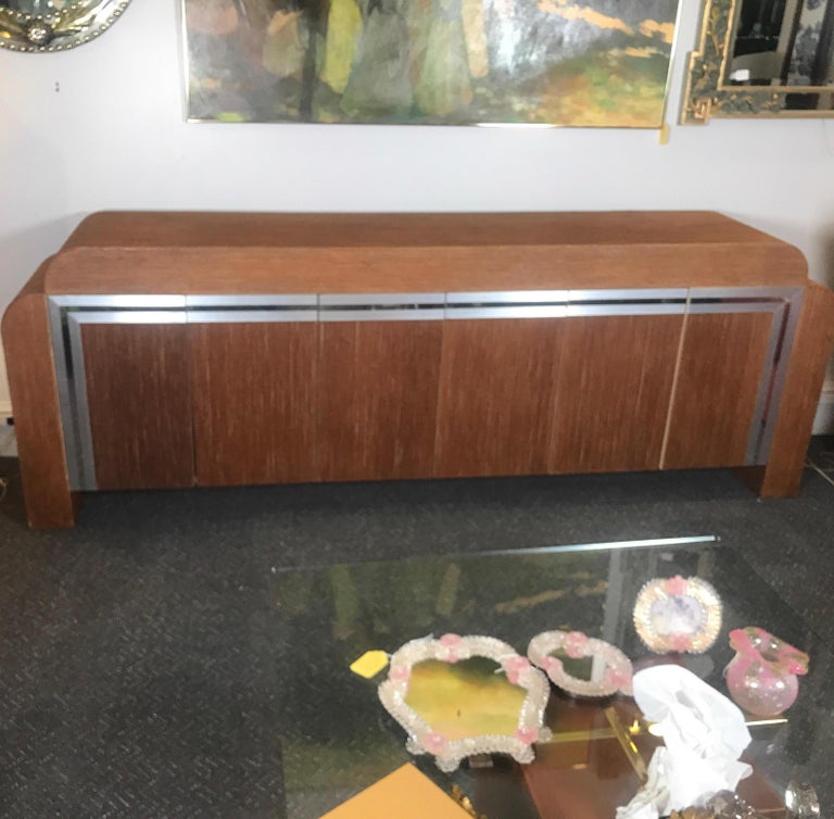 Large Modern Style Brushed Aluminum and Twine Credenza Console For Sale
