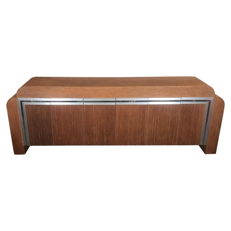 Large Modern Style Brushed Aluminum and Twine Credenza Console For Sale