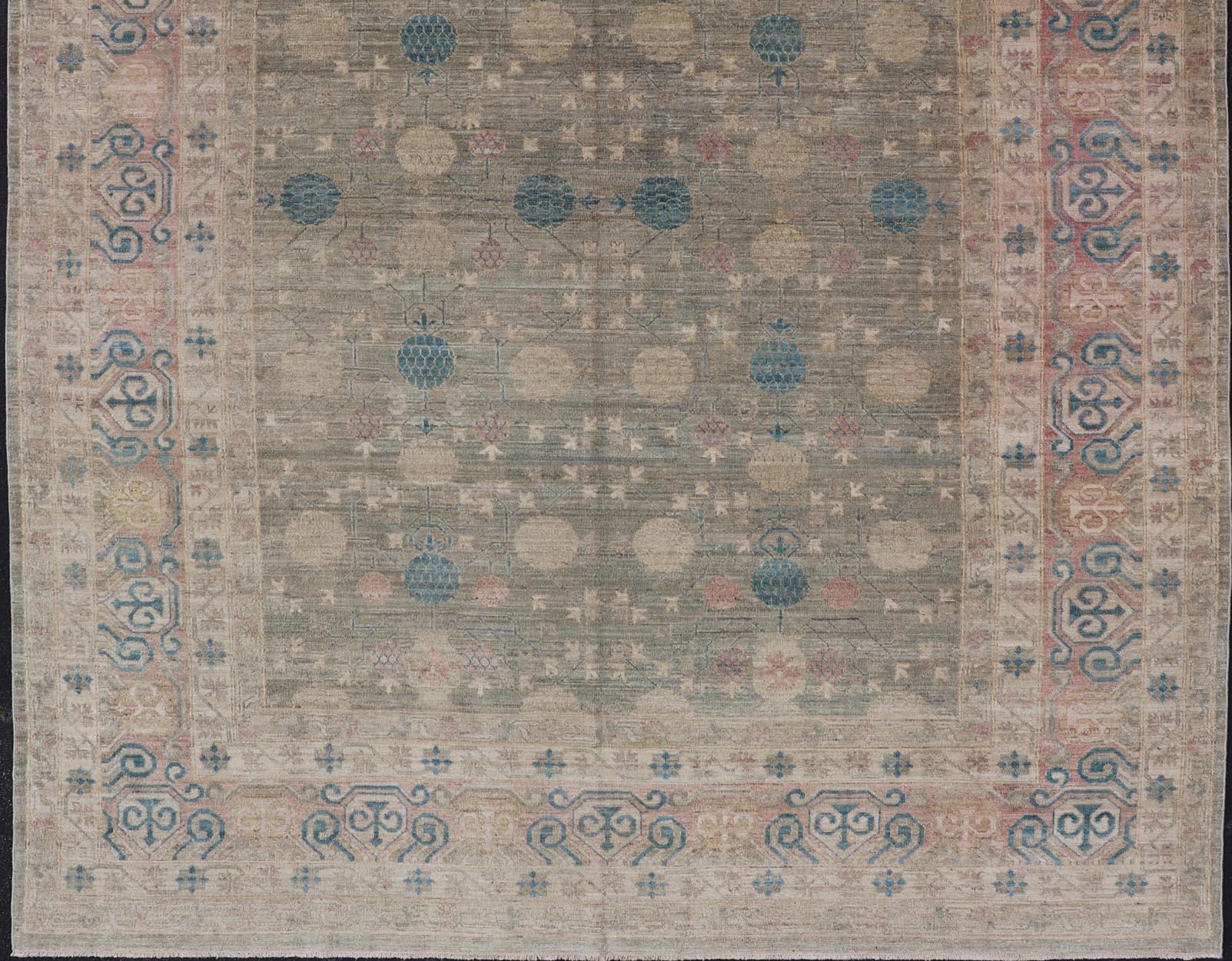 Large Modern Tribal Khotan Rug in Shades of Cream, Green, Blue, and Coral In New Condition For Sale In Atlanta, GA