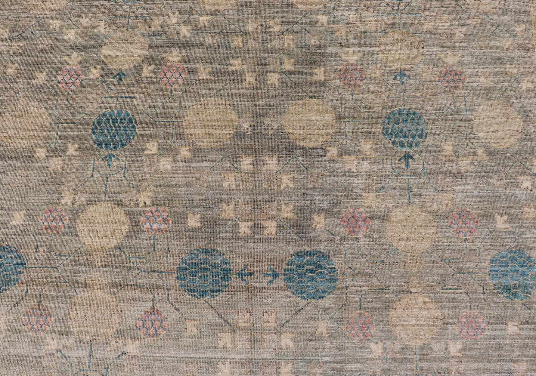 Large Modern Tribal Khotan Rug in Shades of Cream, Green, Blue, and Coral For Sale 2