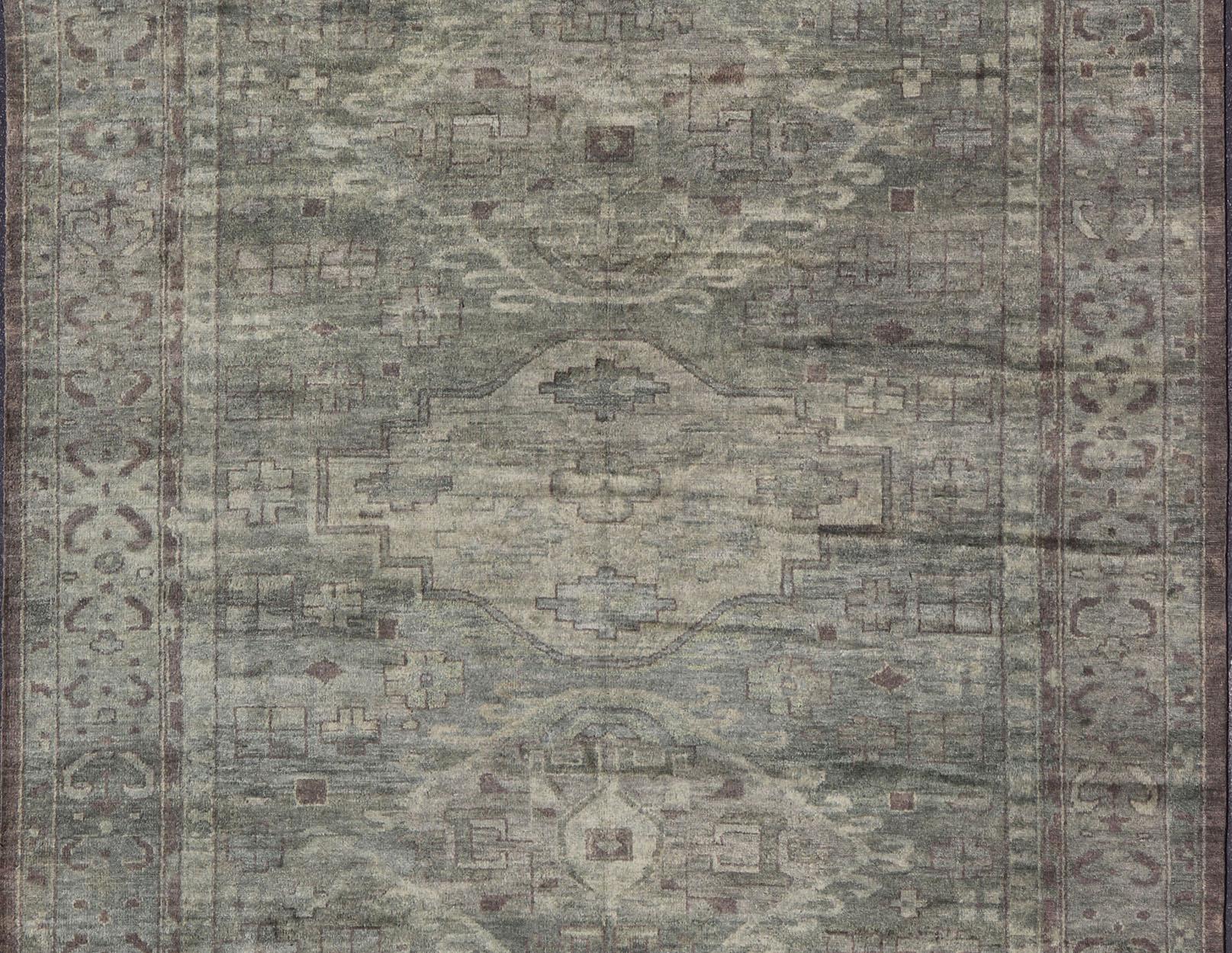 Wool Large Modern Tribal Medallion Khotan in Muted Earthy Green Colors For Sale