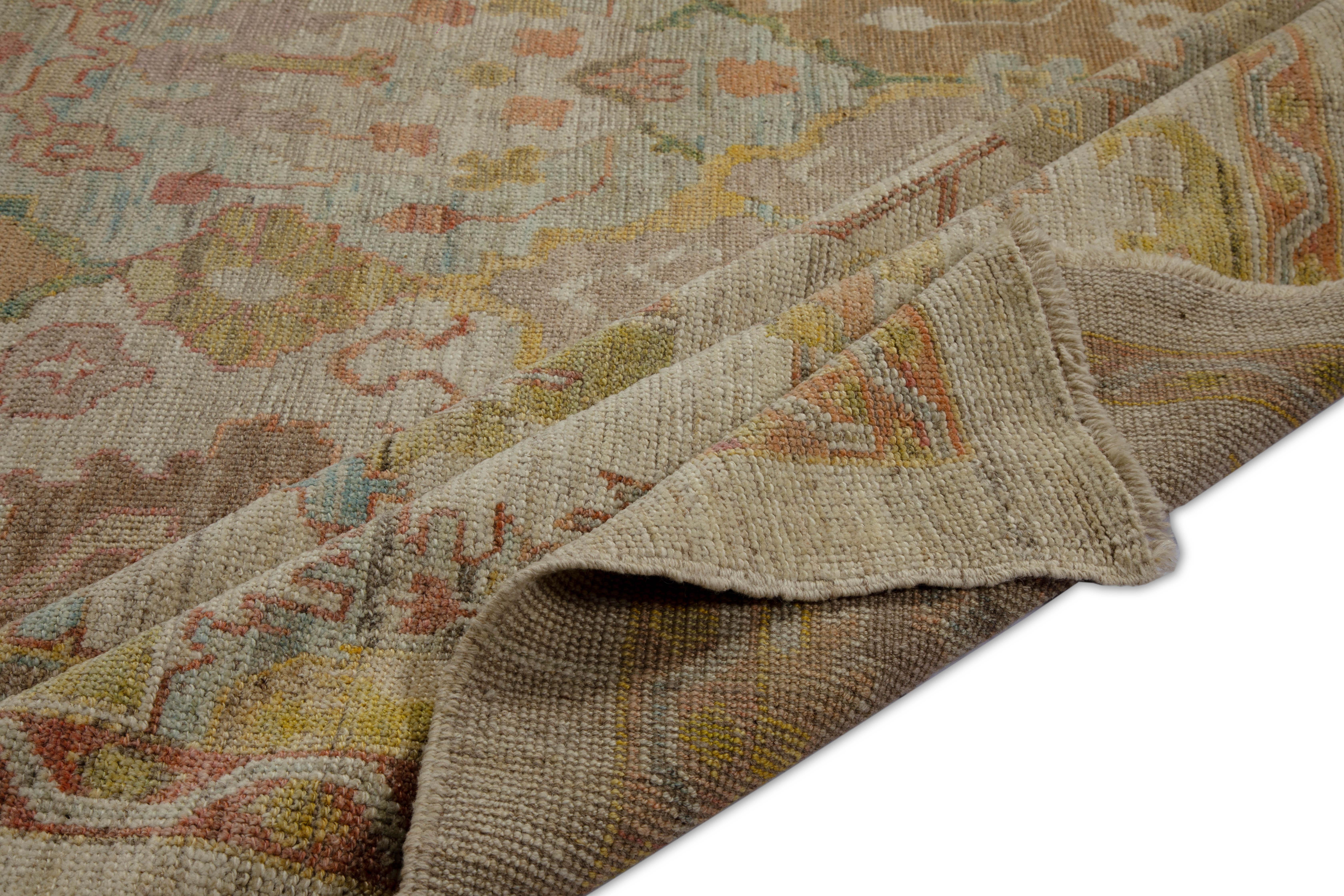 Hand-Woven Large Modern Turkish Oushak Rug with Rows of Colored Medallions on Center Field For Sale