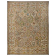 Large Modern Turkish Oushak Rug with Rows of Colored Medallions on Center Field