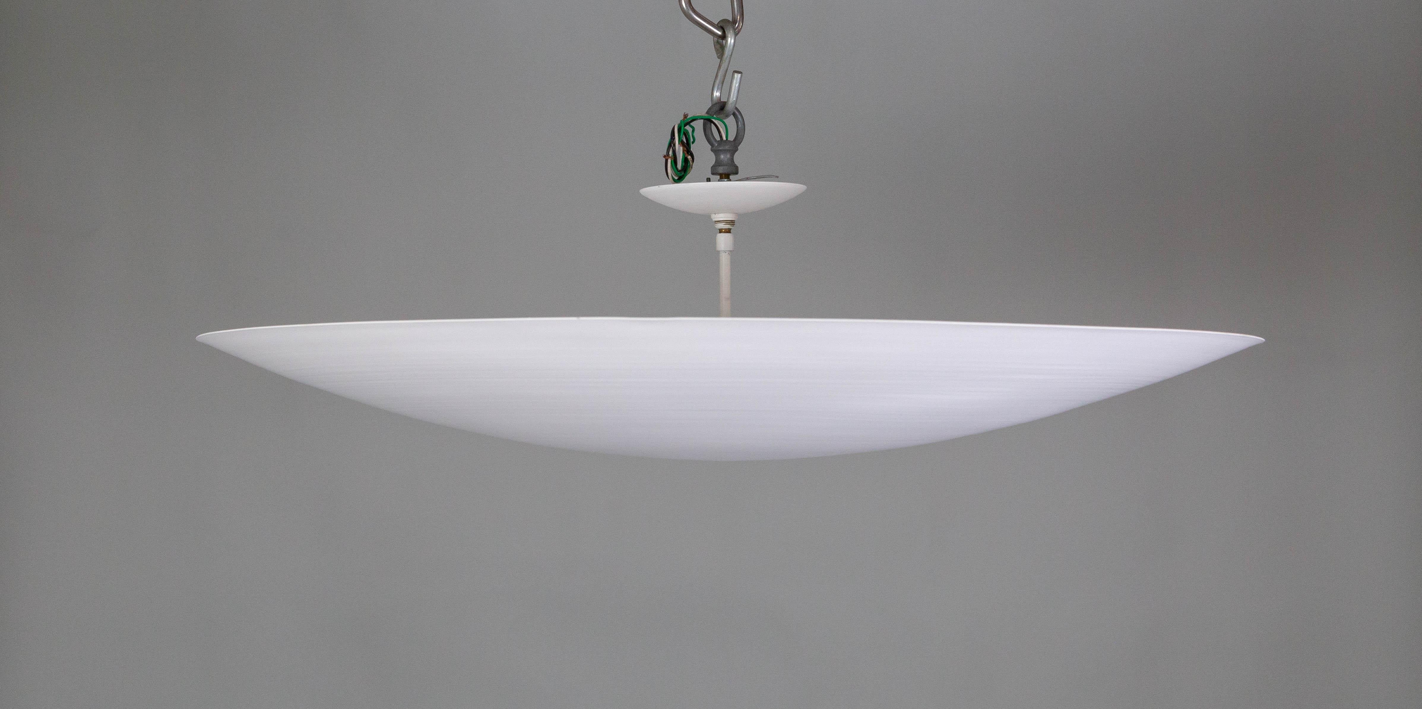 Large Modern White Shallow Bowl Semi-Flush Mount Up-Light In Good Condition For Sale In San Francisco, CA