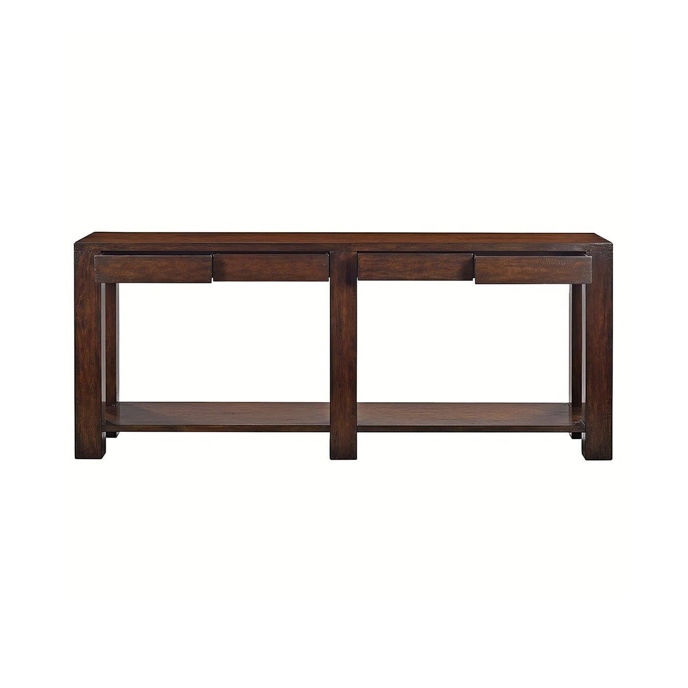 A stunning addition to any home with its rustic hand-rubbed country finish. This elegant piece features four drawers in the apron, providing ample storage for your essentials. The chunky straight legs offer a sturdy base, while the lower shelf