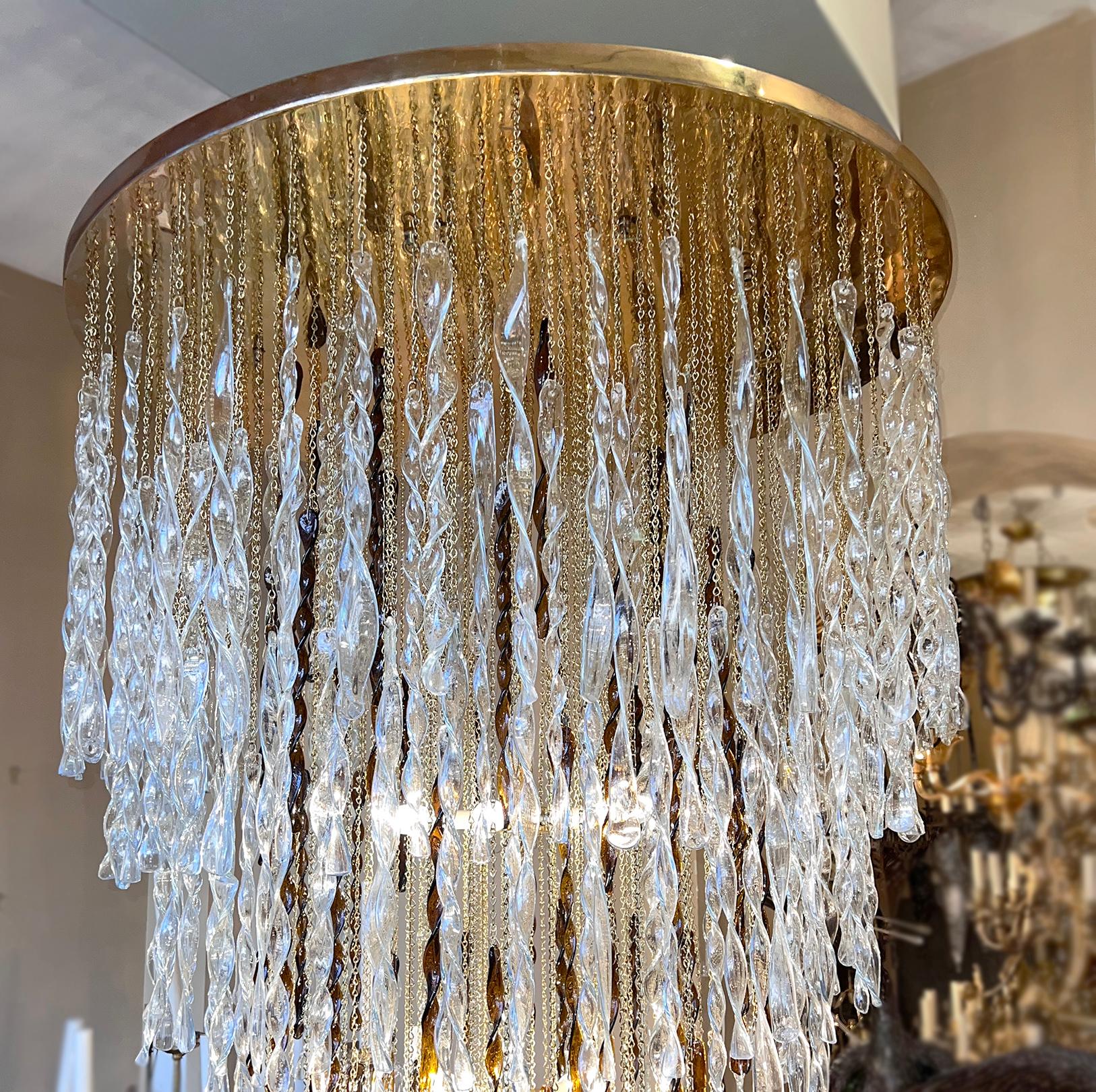 Italian Large Moderne Gilt and Glass Chandelier For Sale