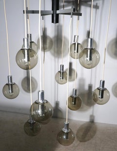 Large Modernist 12 Light Chandelier with Tinted Glass Ball Shades Ca. 1970's