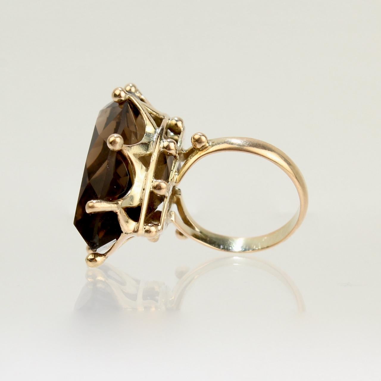 Large Modernist 14 Karat Gold and Smoky Quartz Cocktail Ring In Good Condition For Sale In Philadelphia, PA