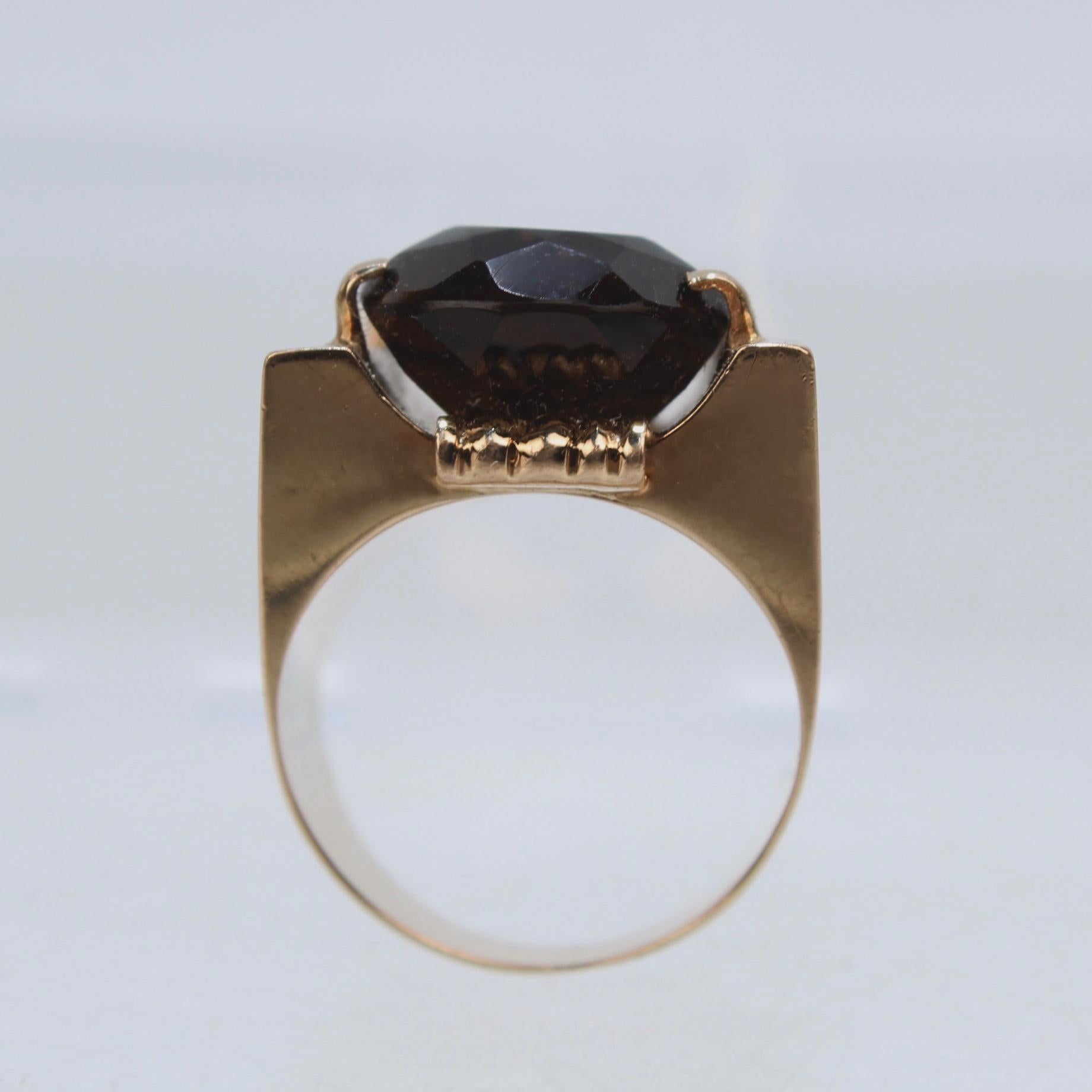 Mixed Cut Large Modernist 18 Karat Smoky Topaz Signet Type Cocktail Ring