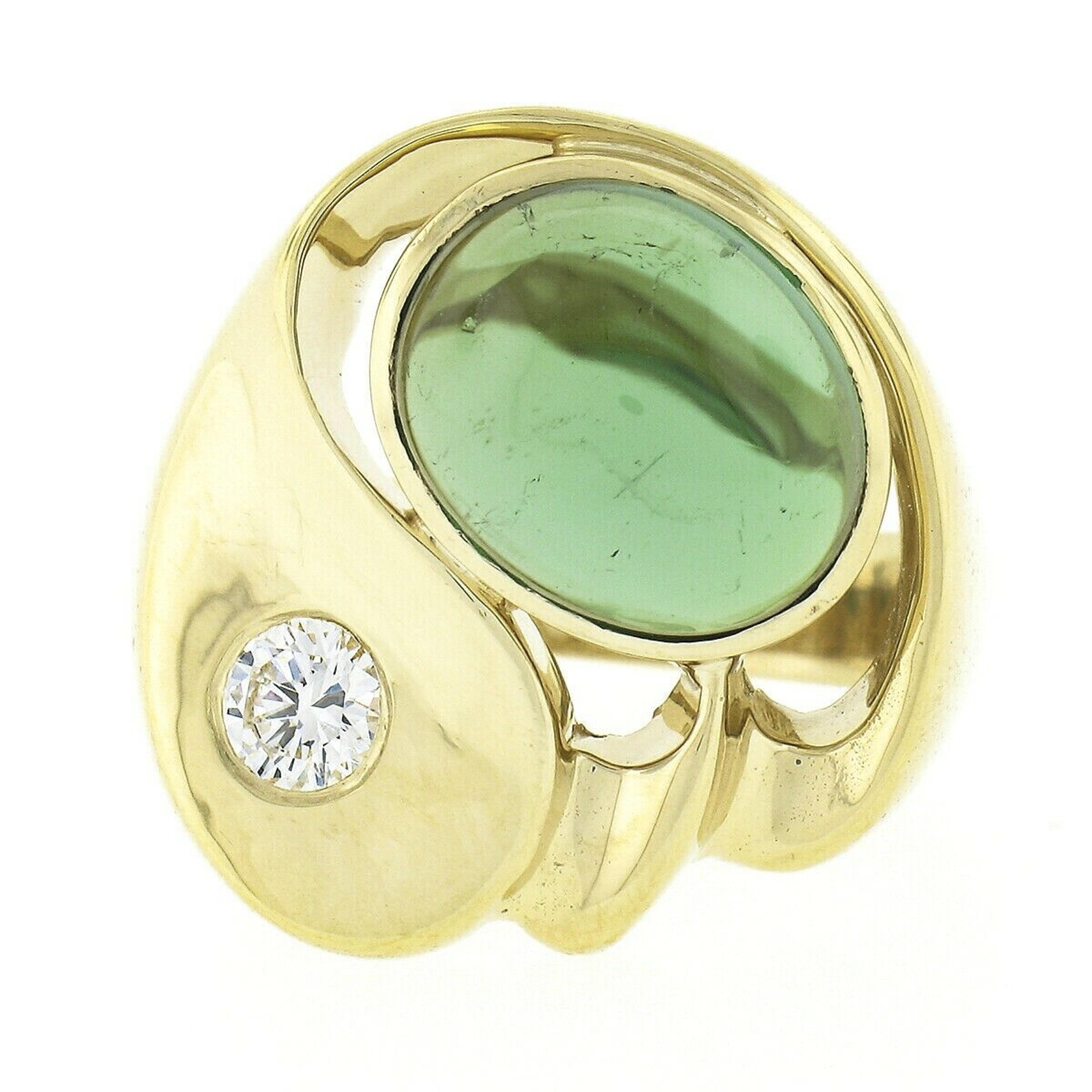 Large Modernist 18k Gold Oval Bezel Tourmaline & Diamond Polished Geometric Ring In Good Condition For Sale In Montclair, NJ