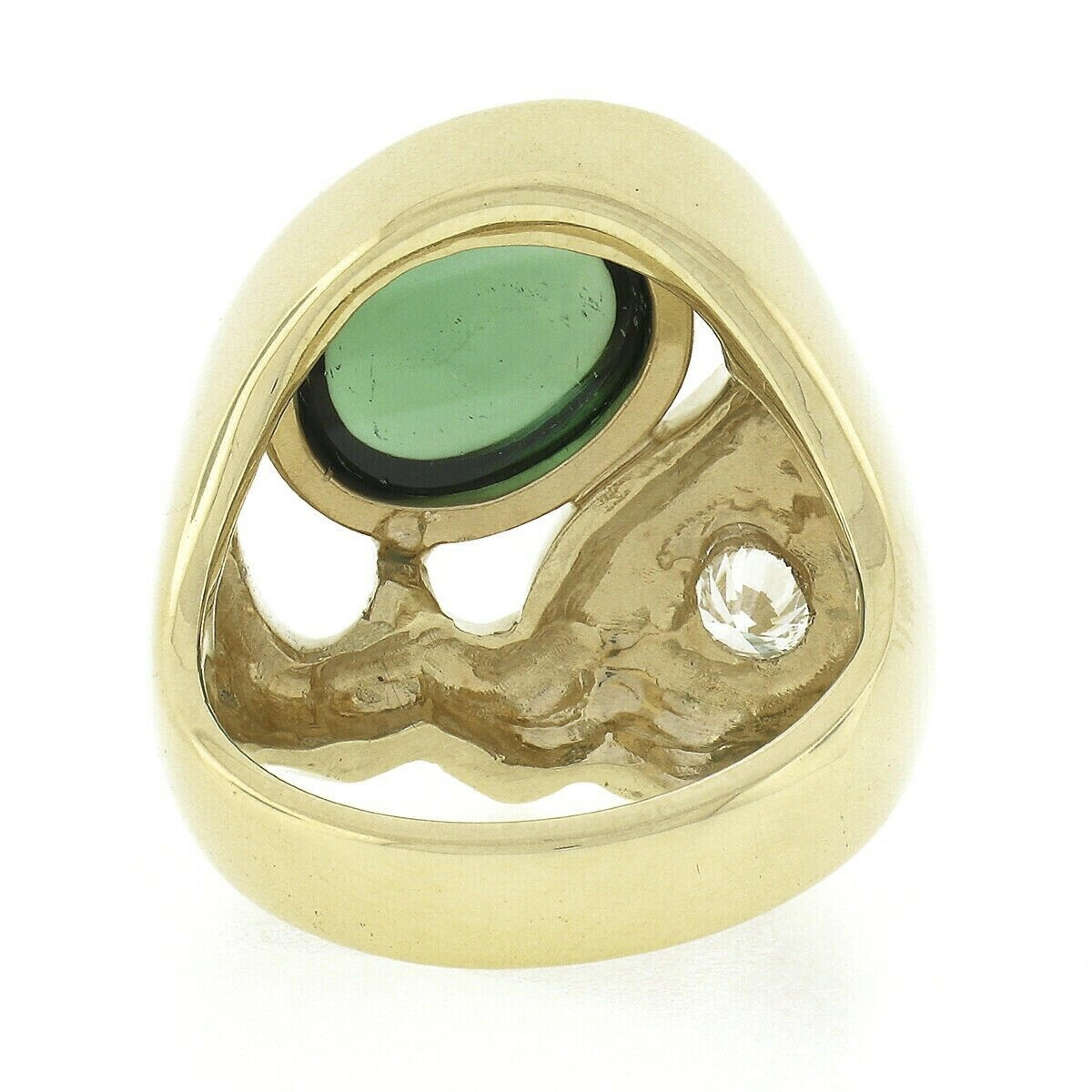 Large Modernist 18k Gold Oval Bezel Tourmaline & Diamond Polished Geometric Ring For Sale 2