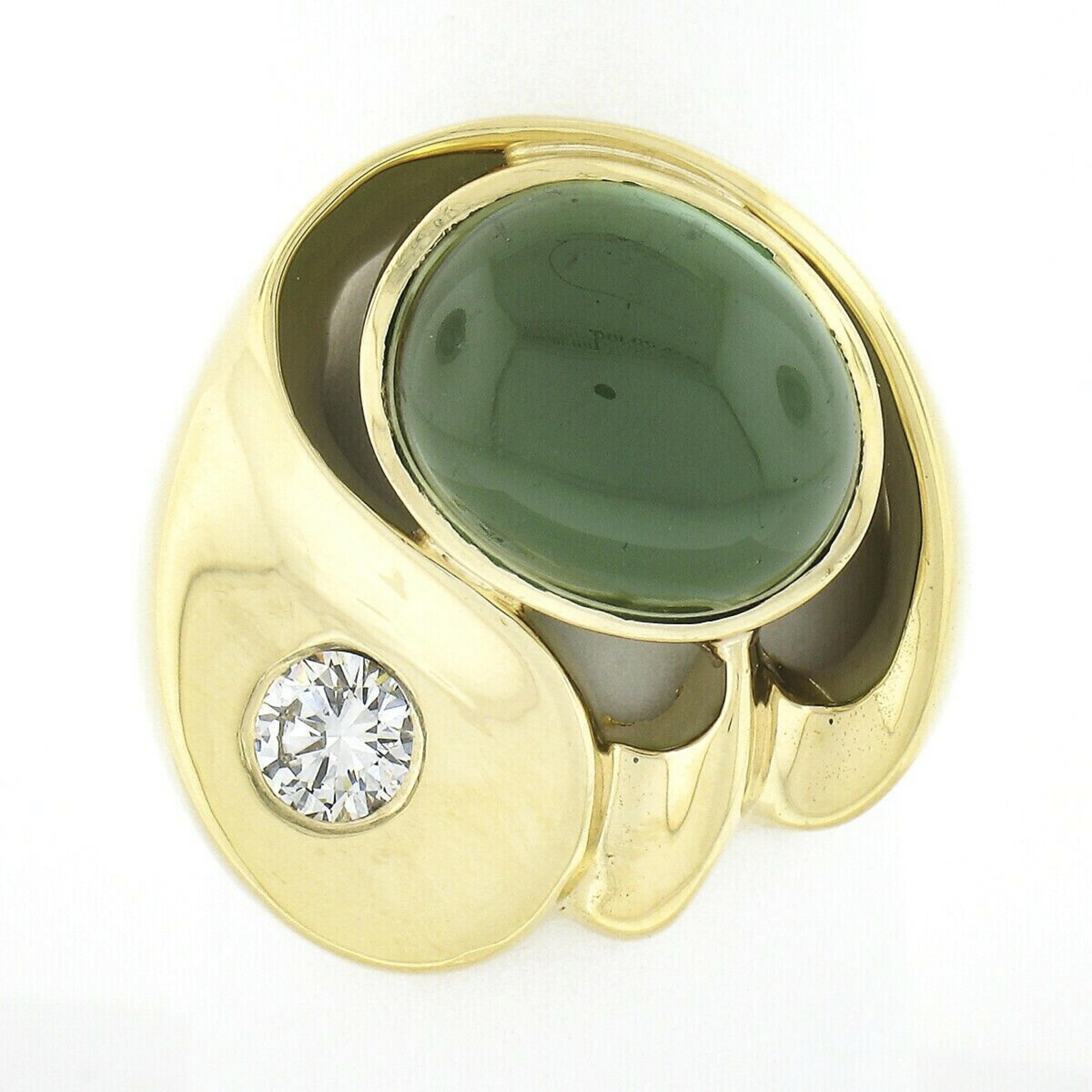 Large Modernist 18k Gold Oval Bezel Tourmaline & Diamond Polished Geometric Ring For Sale