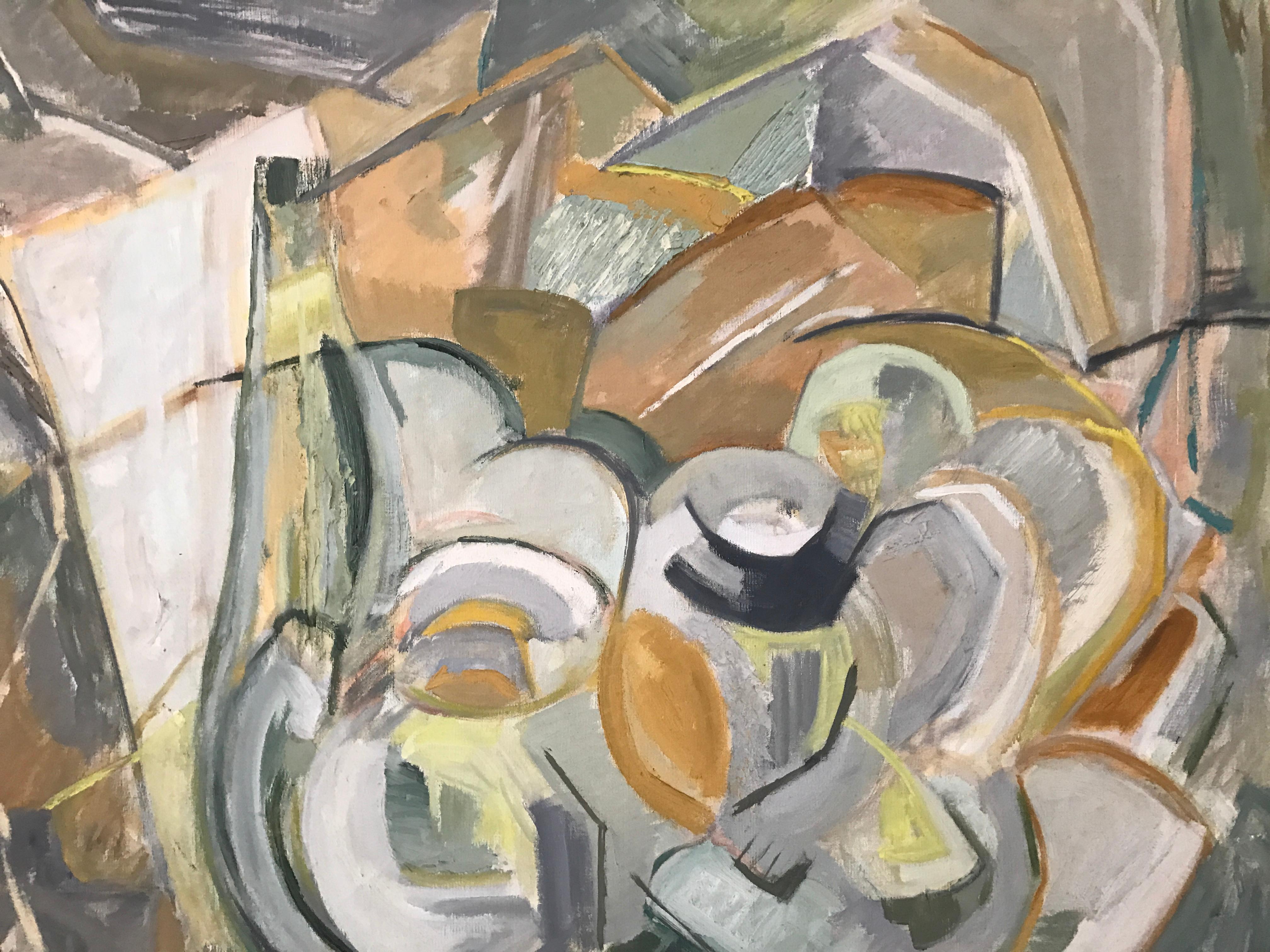 Large modernist Abstract Expressionist still life painting, circa 1950s. Beautiful colors and execution. Artist unknown. Wear to the original artist-made frame.
Measures: 36