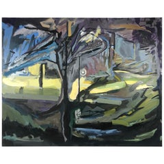 Gran cuadro abstracto modernista al óleo sobre lienzo "Visión nocturna" de Fritz Proctor
