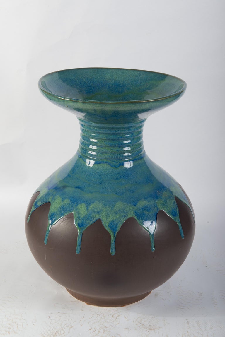 Glazed Large Modernist Aqua Pottery Vase For Sale