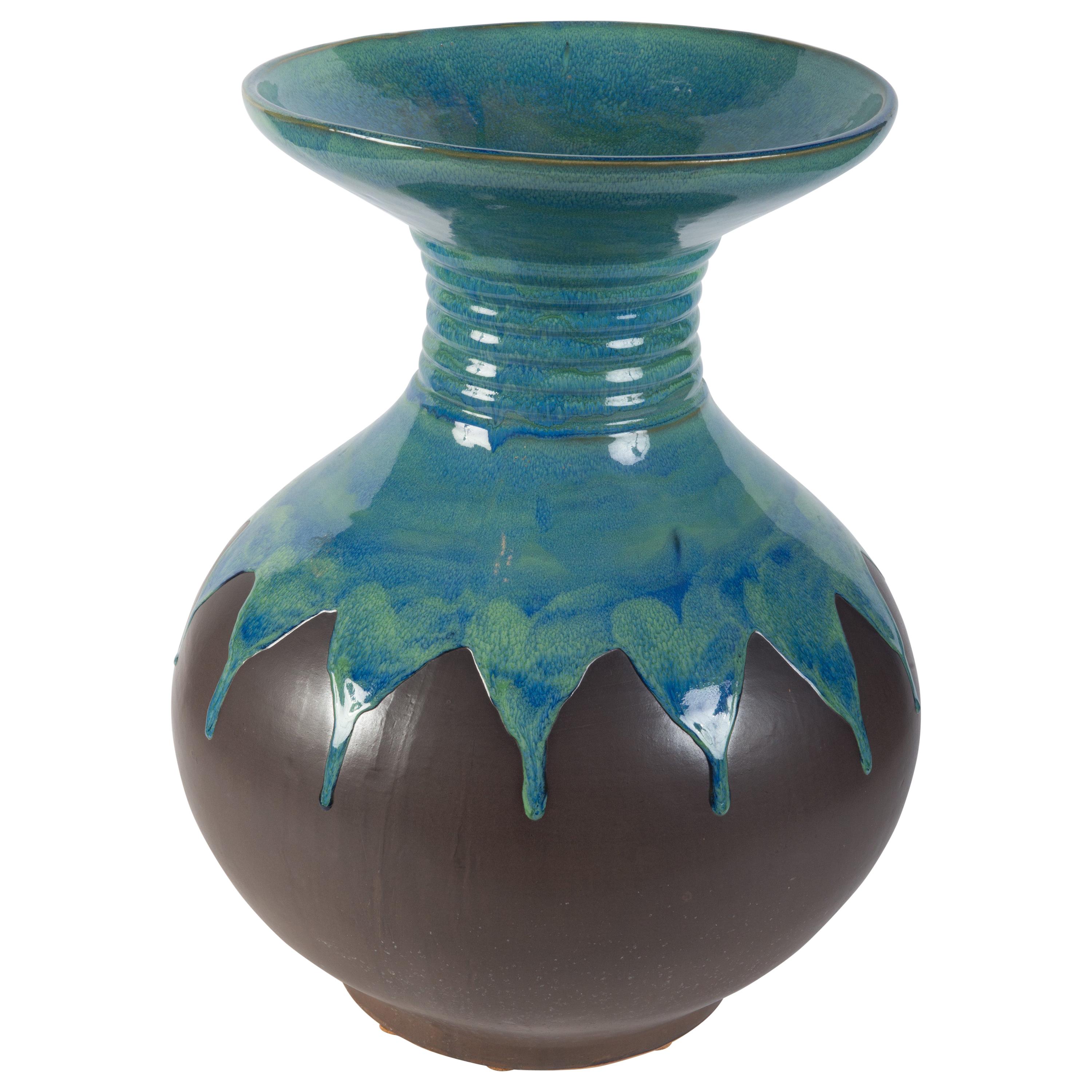 Large Modernist Aqua Pottery Vase For Sale