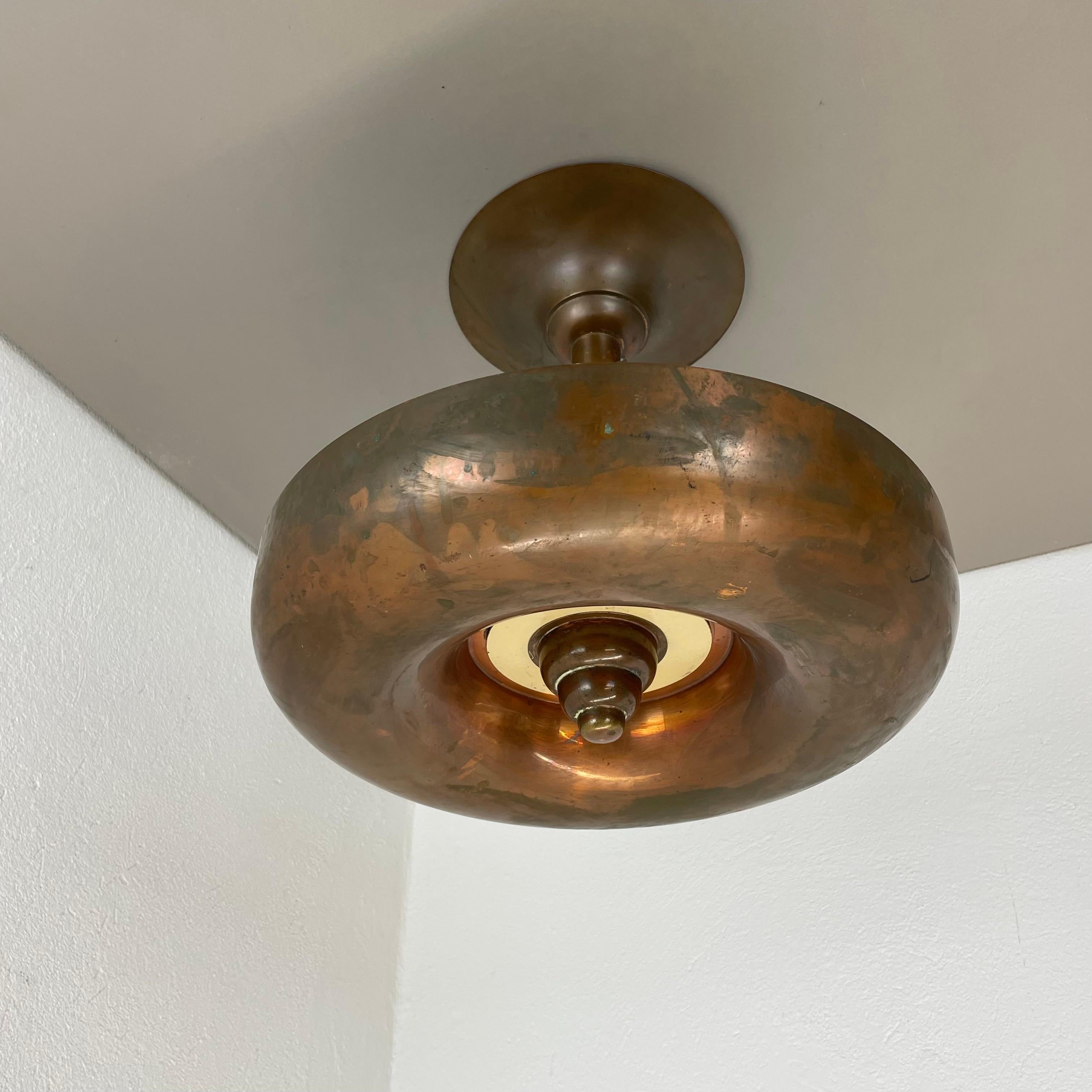French Large Modernist ART DECO solid copper Ceiling Flushmount Light, FRANCE 1920s