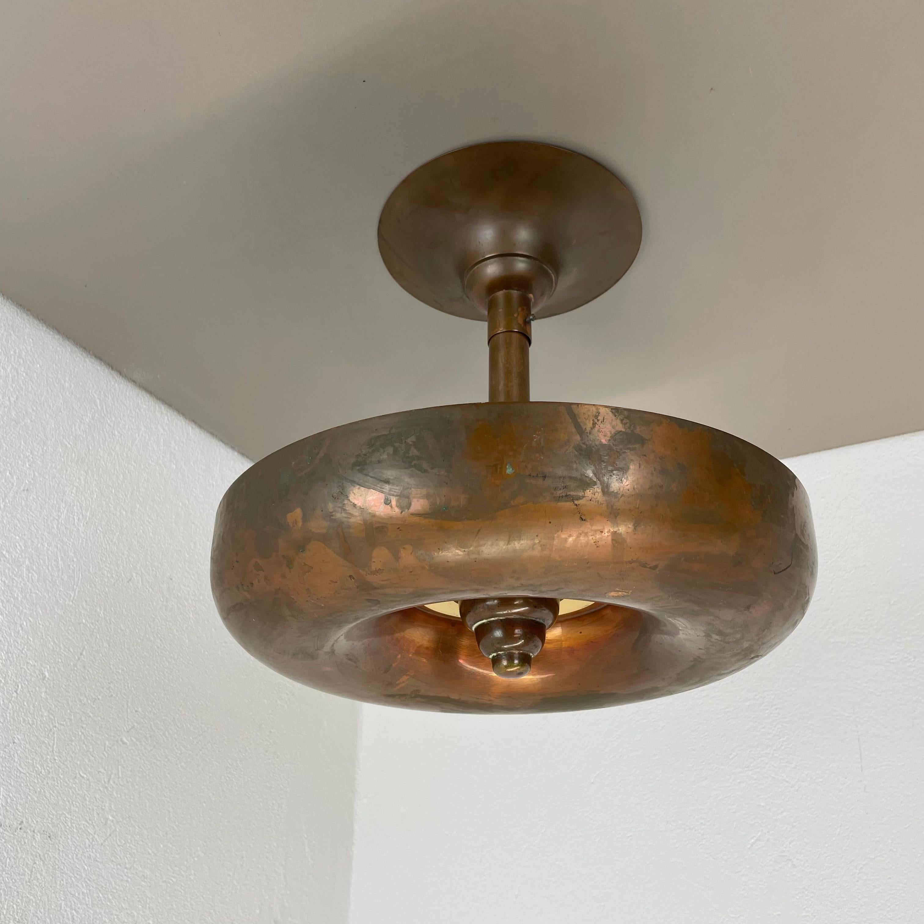 20th Century Large Modernist ART DECO solid copper Ceiling Flushmount Light, FRANCE 1920s