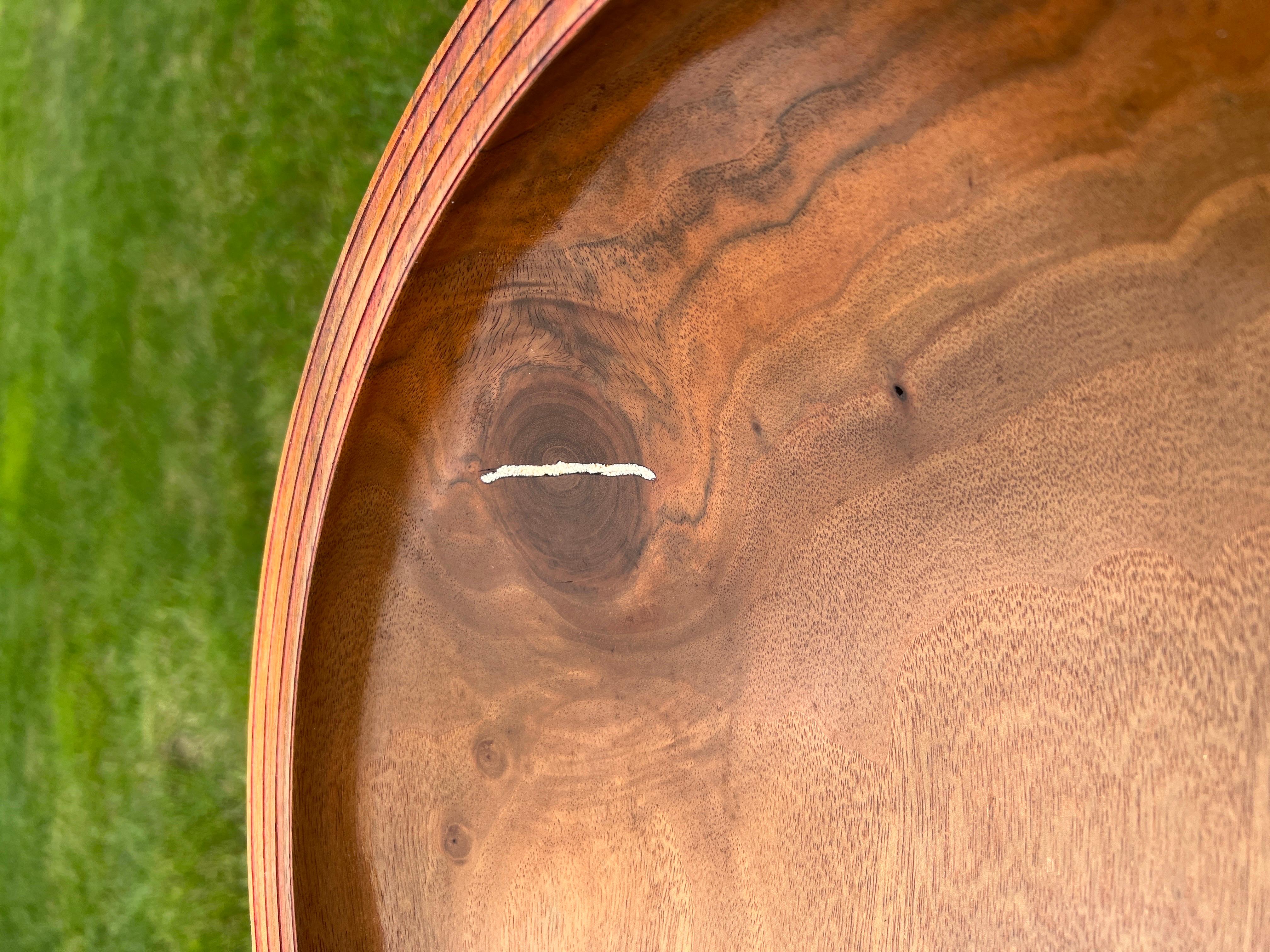 Large Modernist Artisan Made Inlaid Walnut Centerpiece Bowl on Stand, Signed For Sale 2